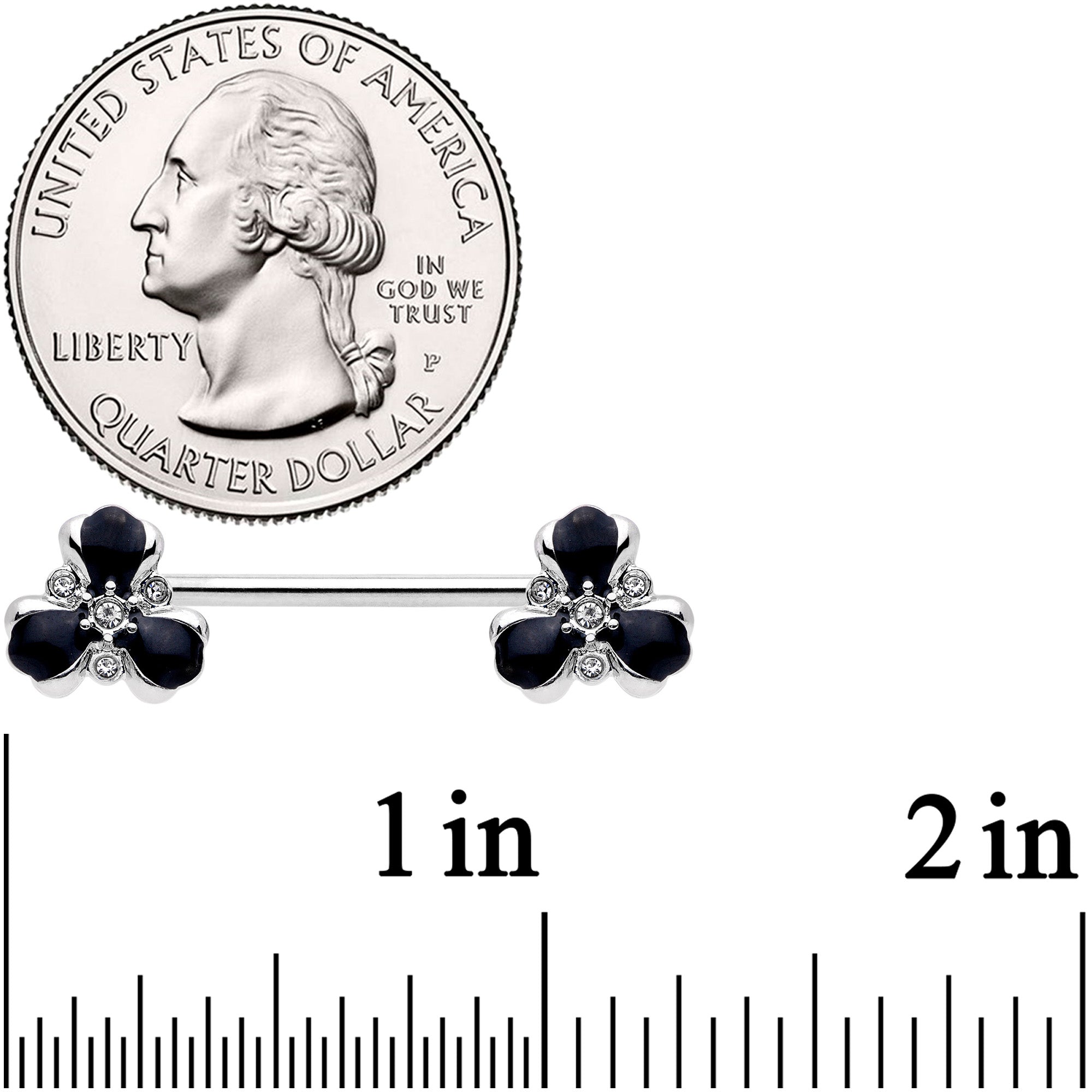 14G 9/16 Clear Black Gem Abstract Flower Barbell Nipple Ring Set