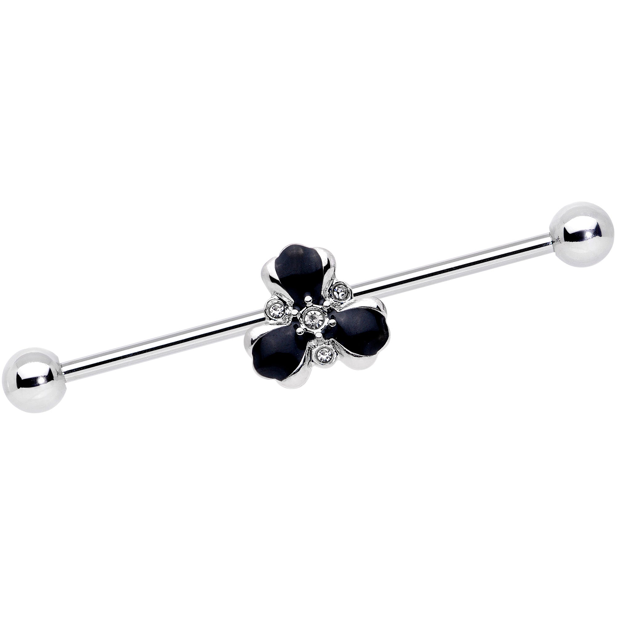 14G Clear Black Gem Abstract Flower Industrial Barbell 38mm