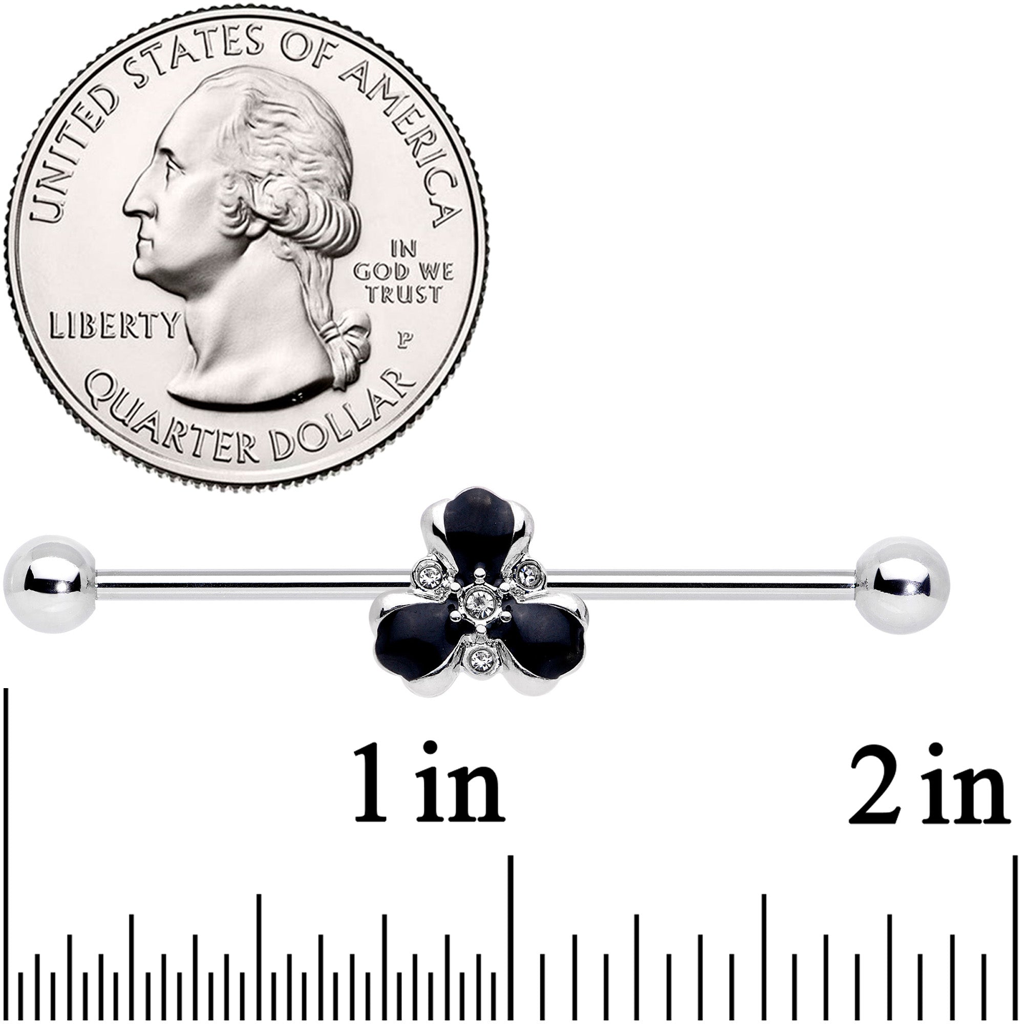14G Clear Black Gem Abstract Flower Industrial Barbell 38mm