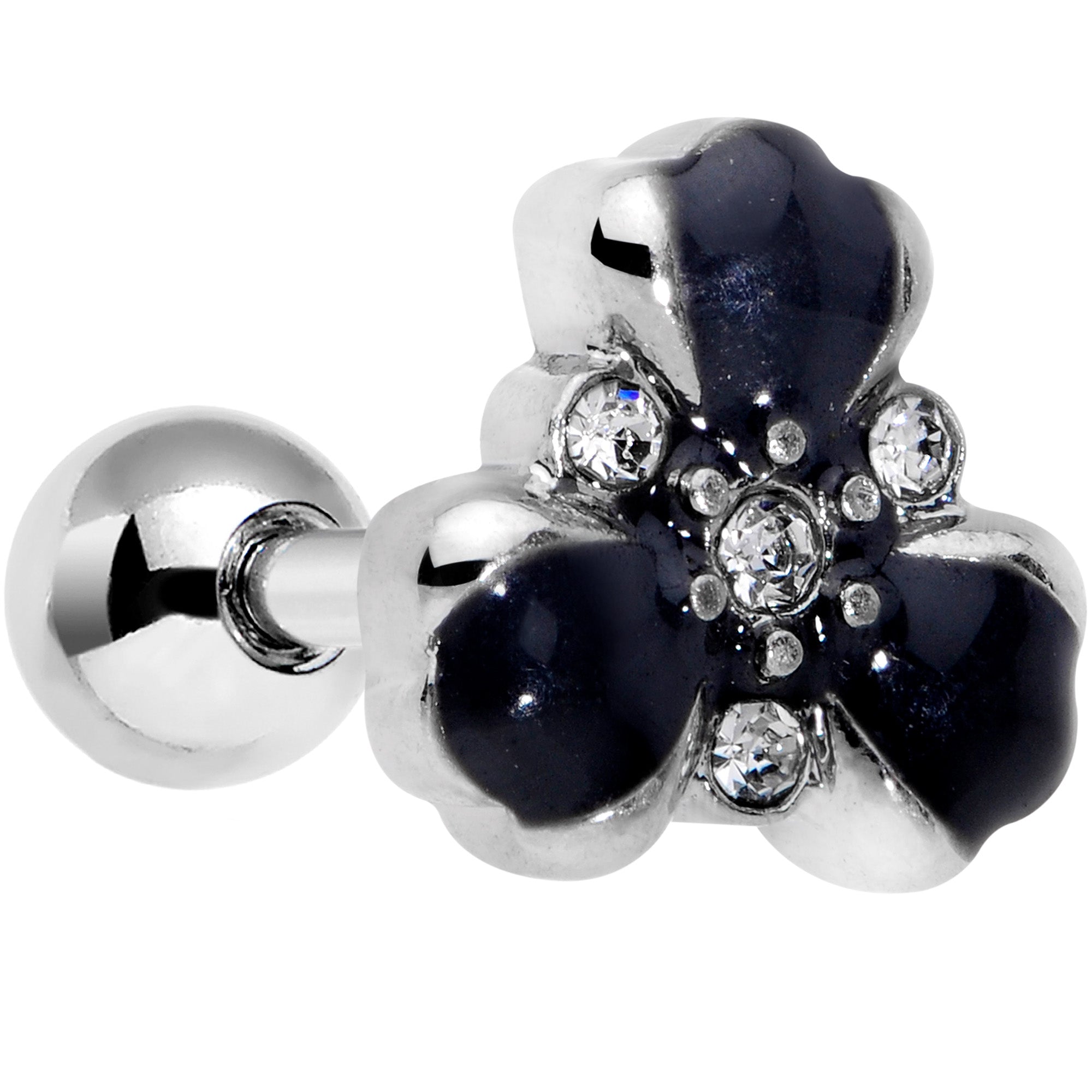 16G 1/4 Clear Black Gem Abstract Flower Cartilage Tragus Earring