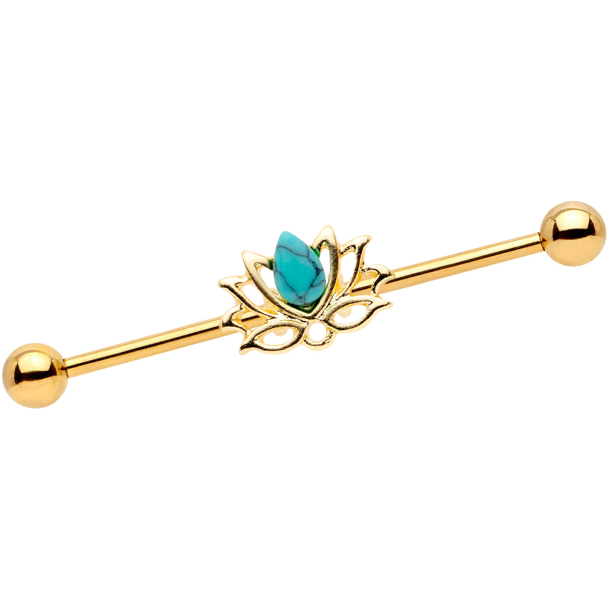14G Faux Turquoise Gold Tone Lotus Flower Industrial Barbell 38mm