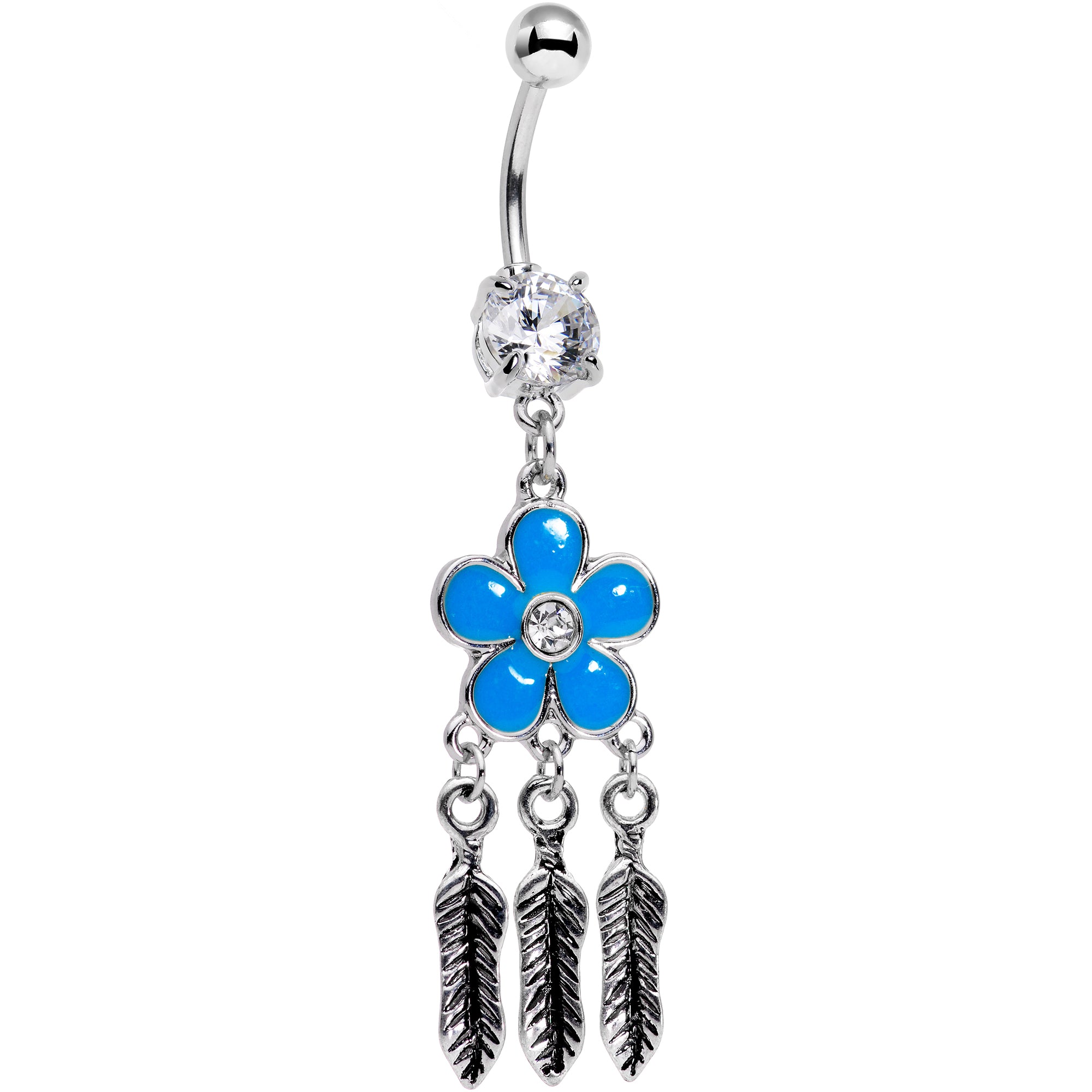 Clear Gem Blue Flower Feathers Dreamcatcher Dangle Belly Ring