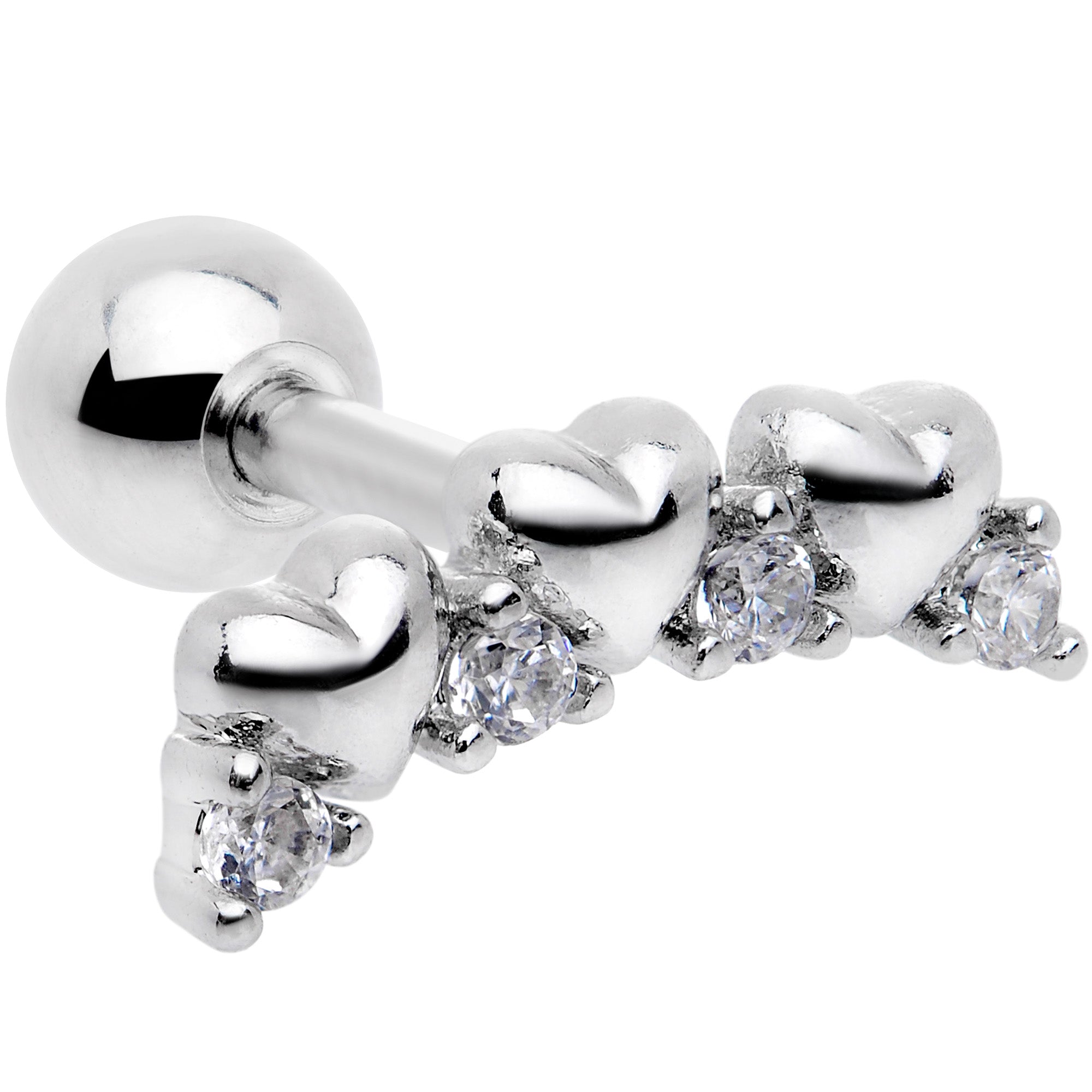 16G 1/4 Clear CZ Gem Tiny Hearts Cartilage Tragus Earring