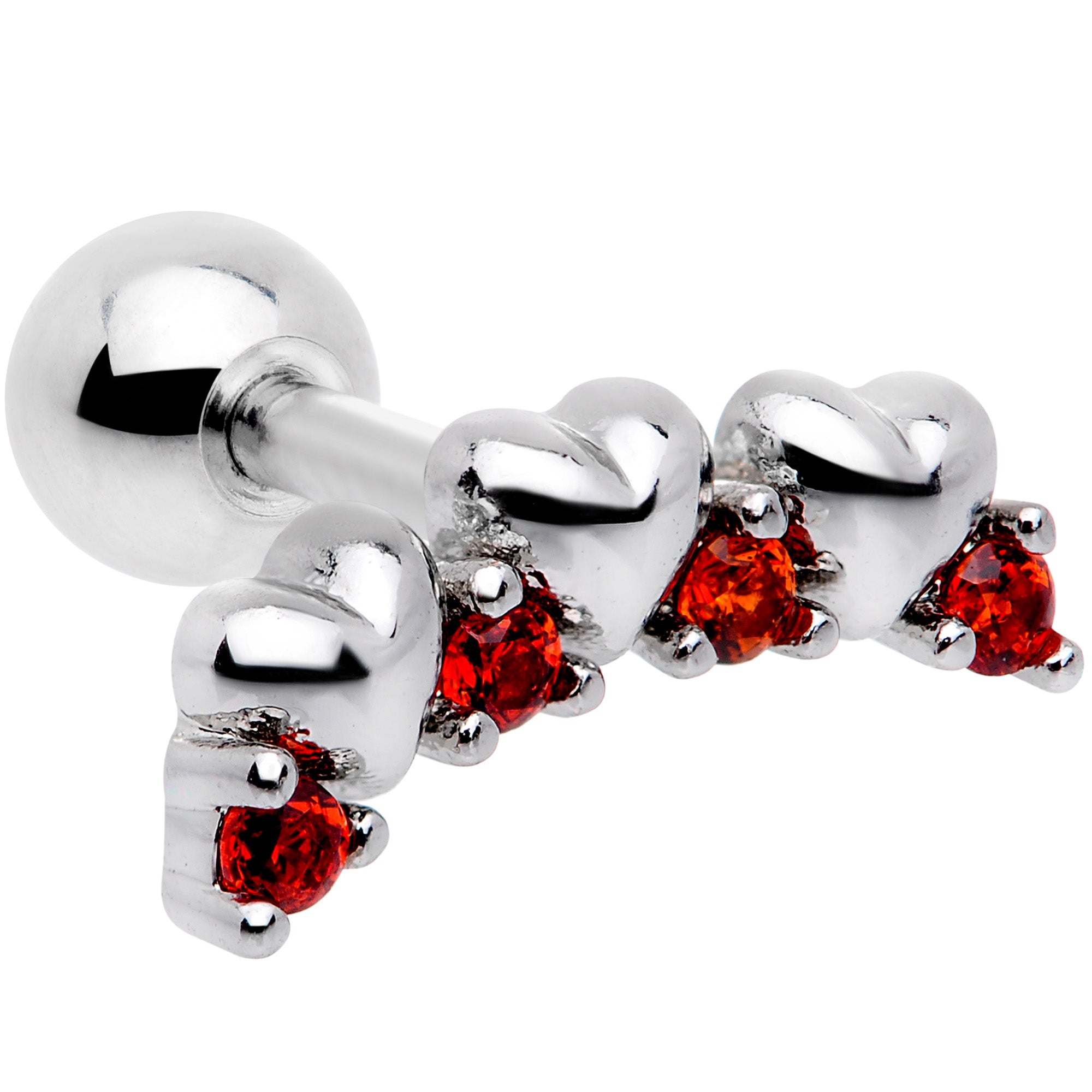 16G 1/4 Red CZ Gem Tiny Hearts Cartilage Tragus Earring