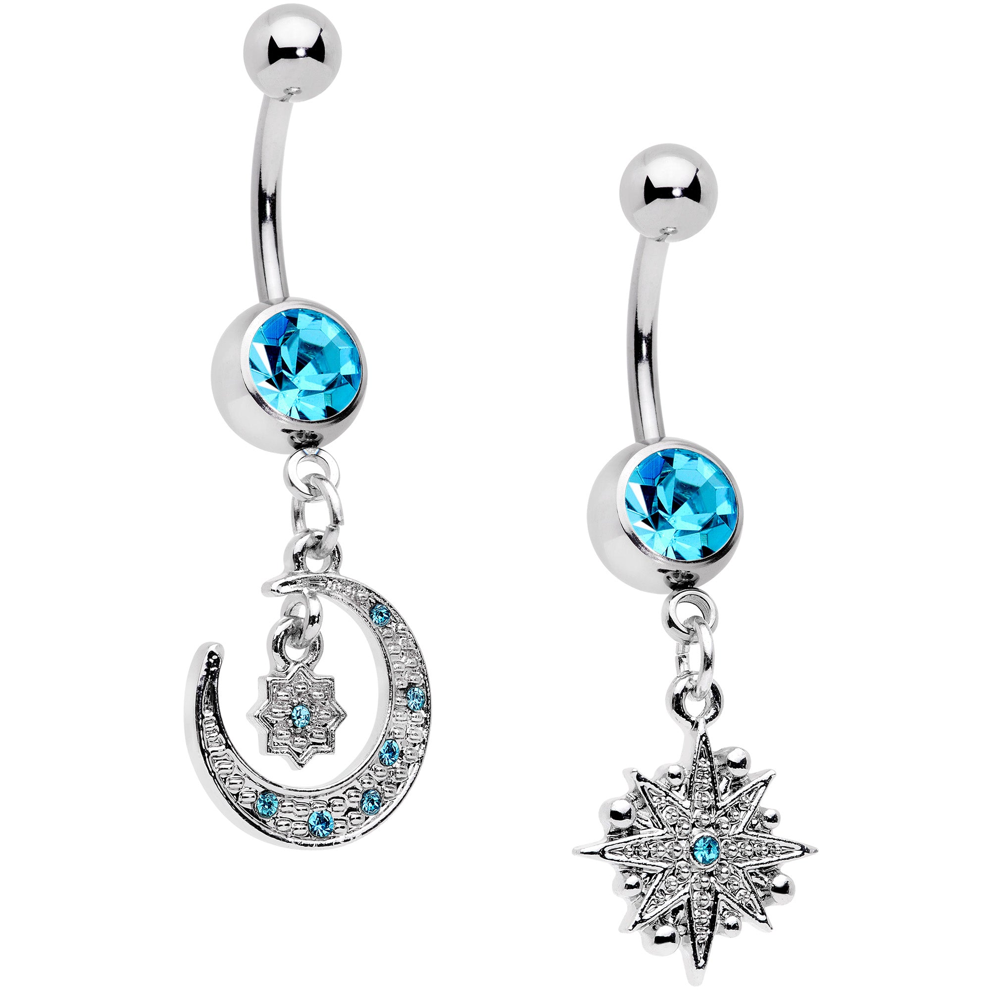 Aqua Gem Starburst Crescent Moon Dangle Belly Ring Set of 2