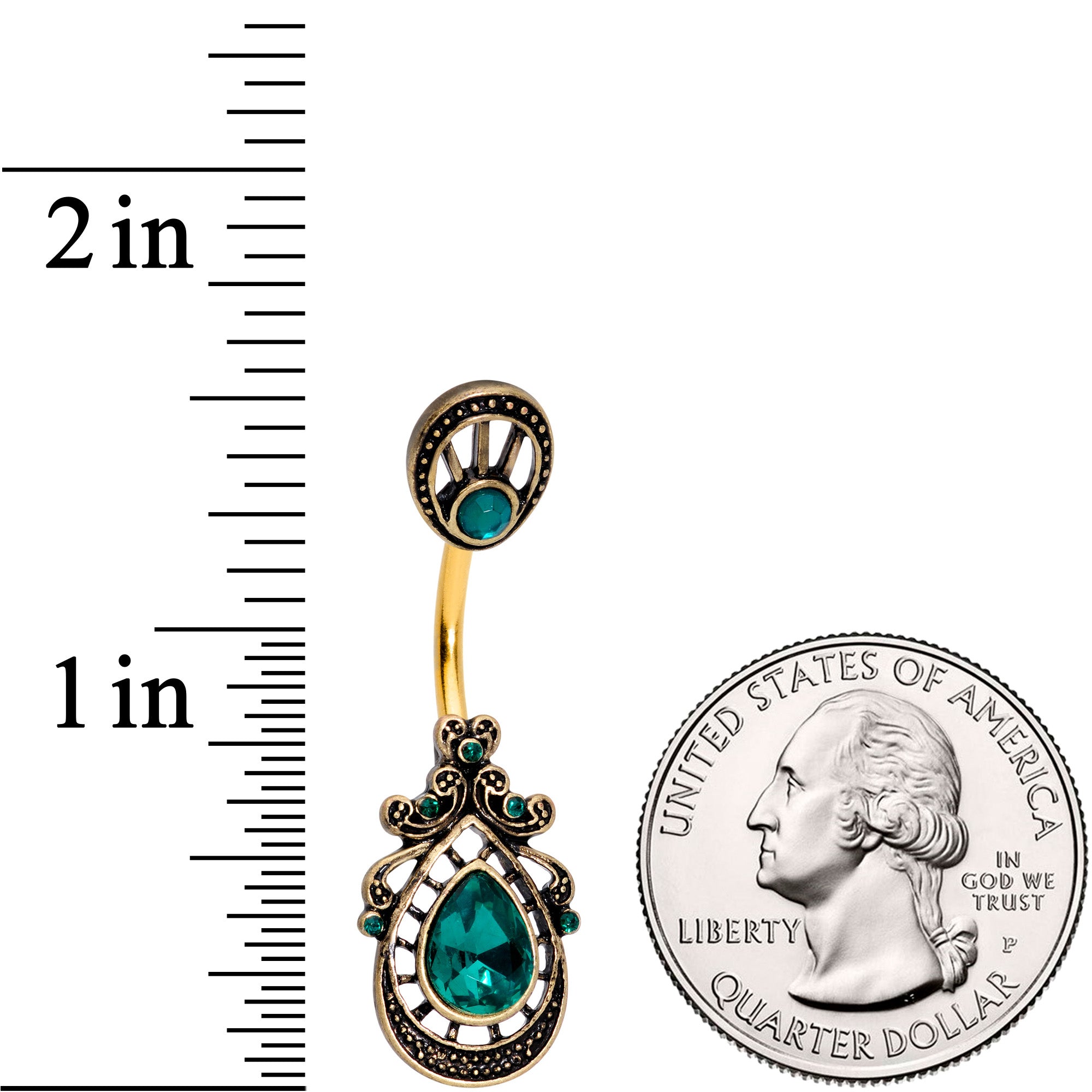 Green Gem Gold Tone Filigree Rococo Reversible Belly Ring