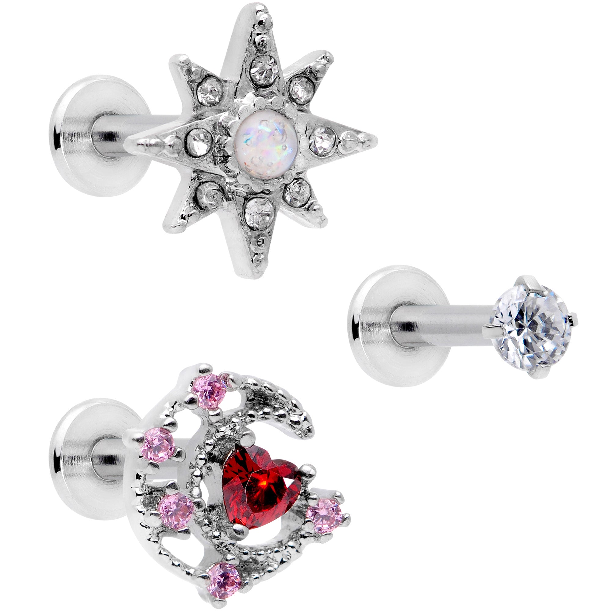 16G 5/16 White Faux Opal Moon Star Labret Monroe Tragus Set of 3