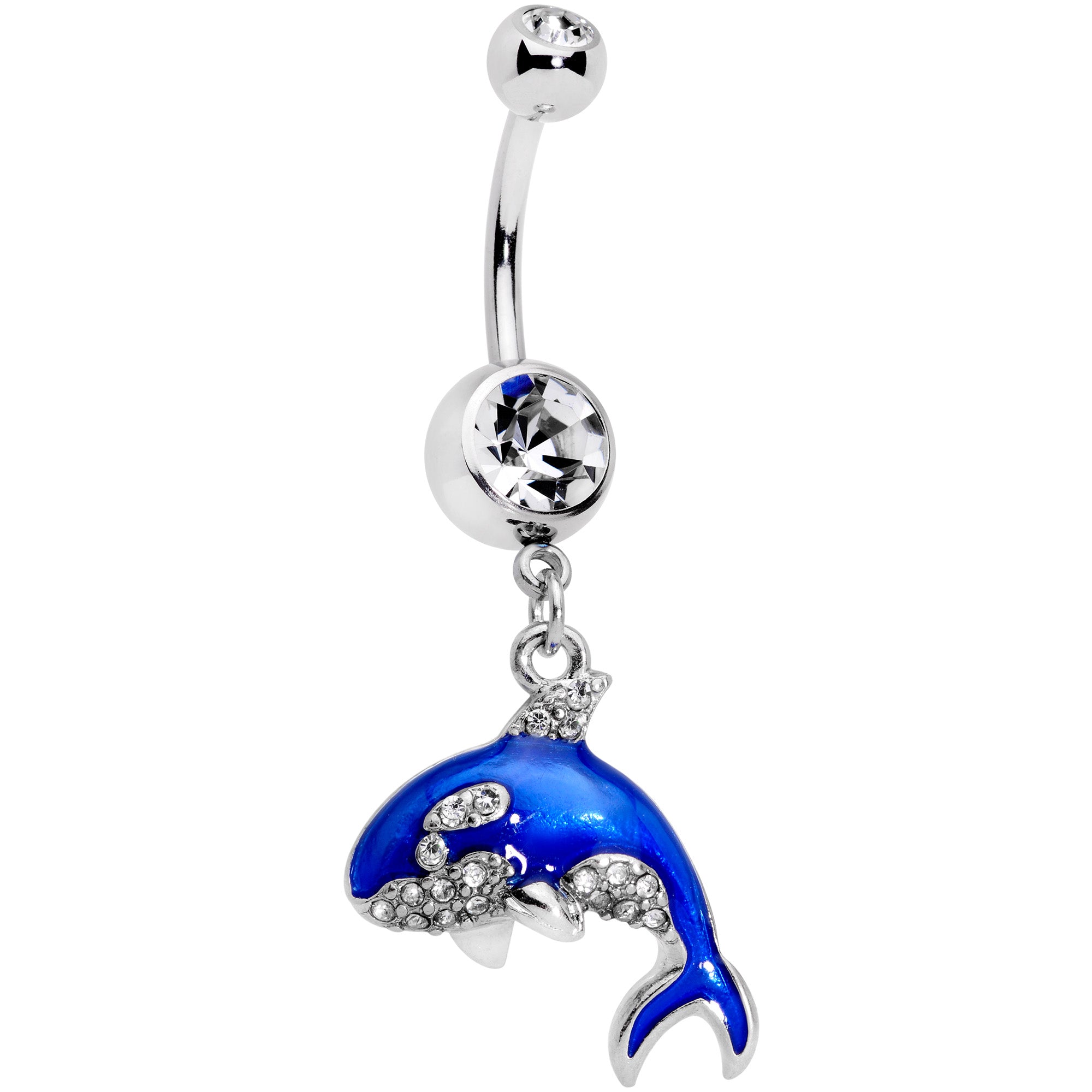 Clear Gem Bling Blue Orca Whale Dangle Belly Ring