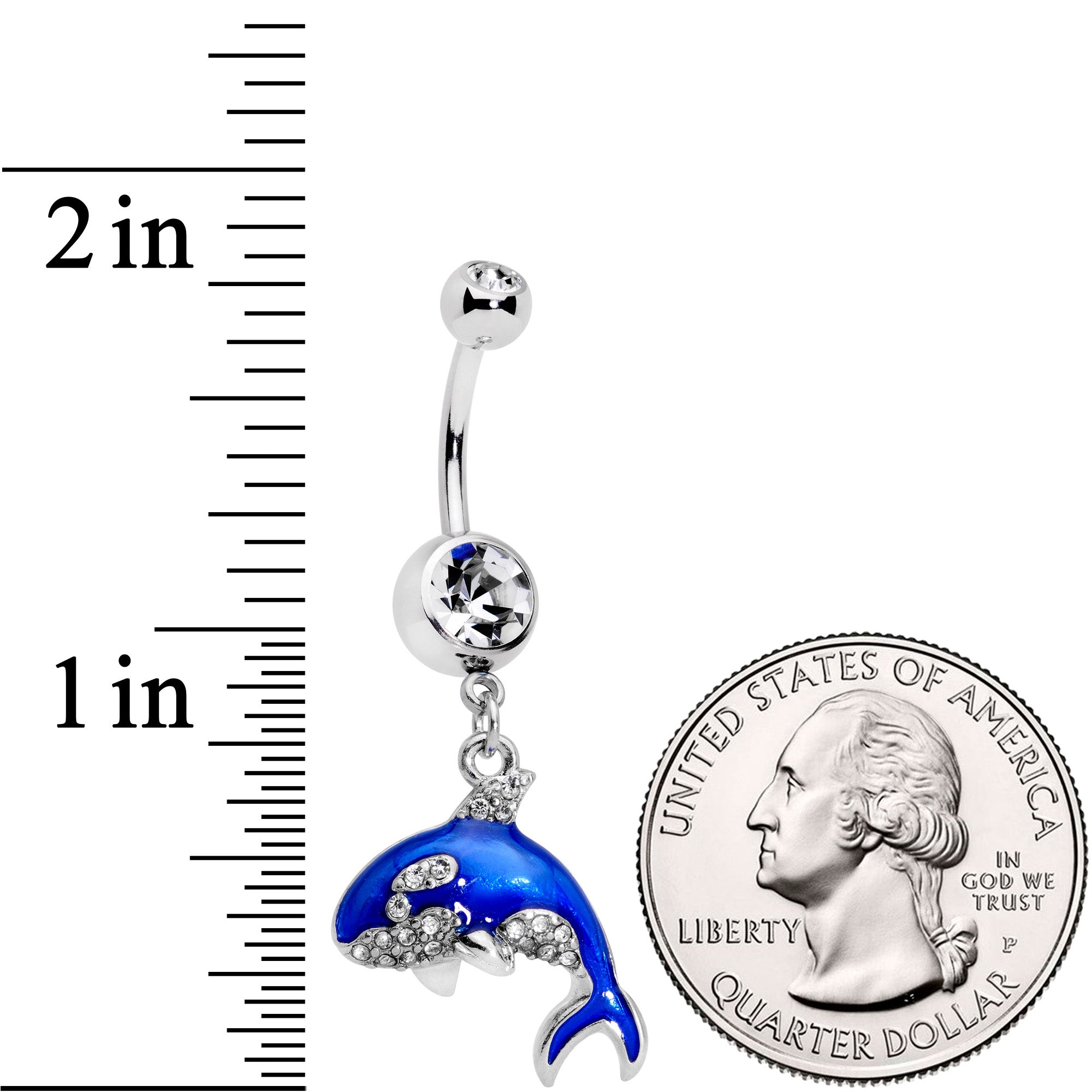 Clear Gem Bling Blue Orca Whale Dangle Belly Ring