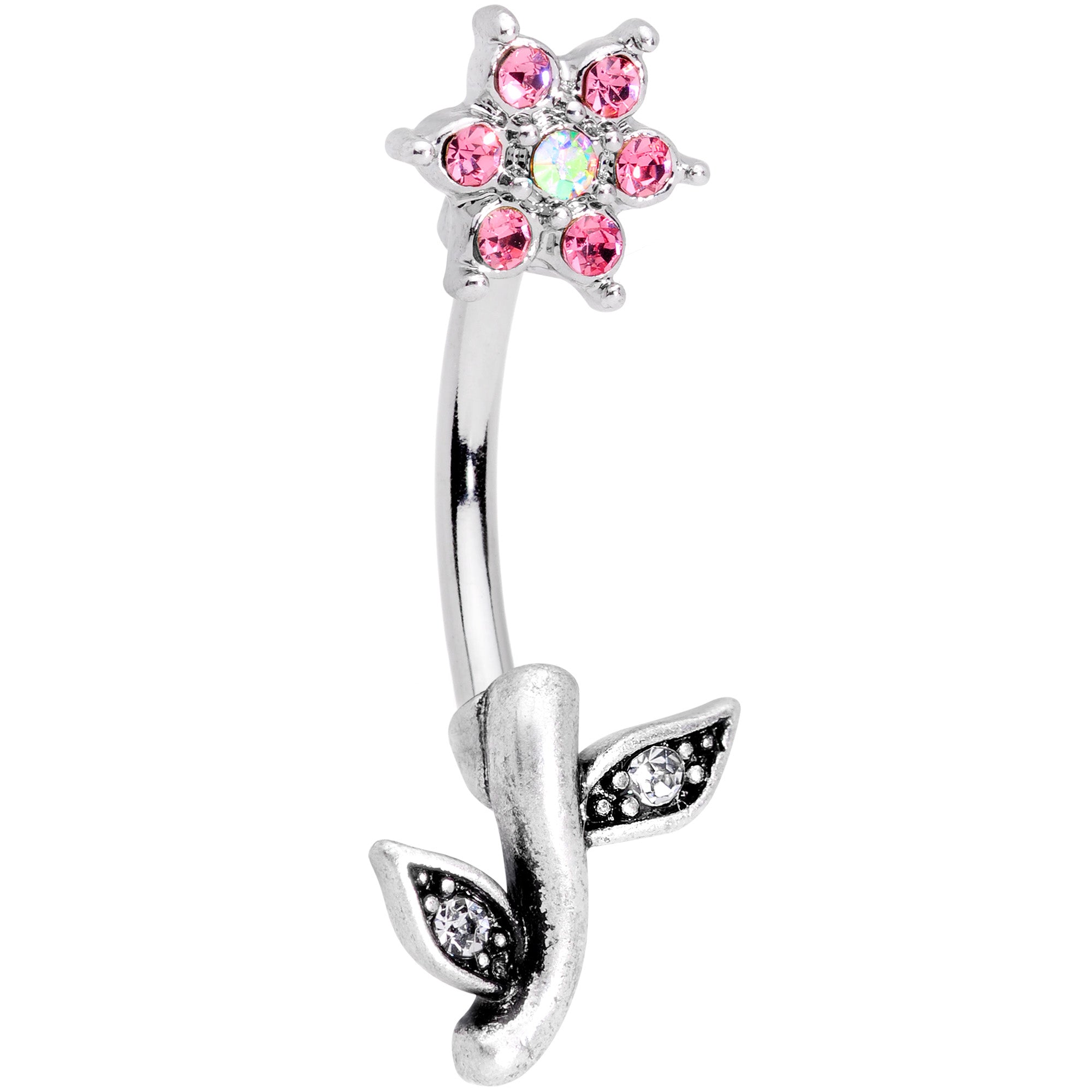 Pink Clear Gem Flower Belly Ring Set of 3