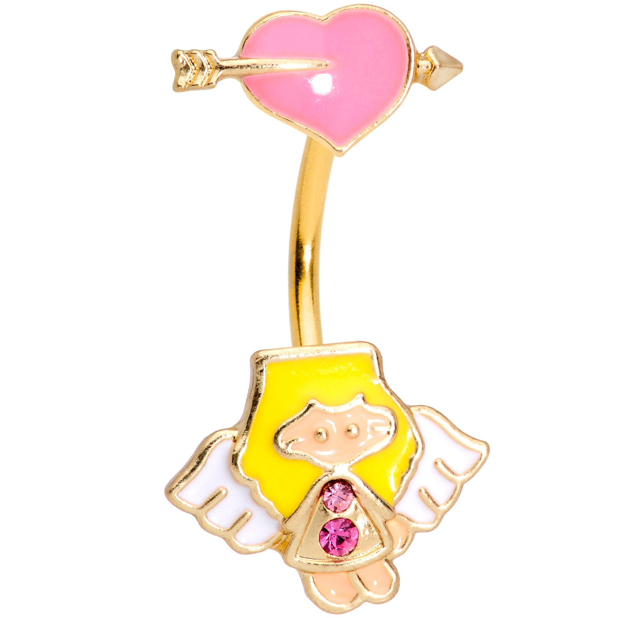 Pink Gem Gold Tone Cupid Heart Double Mount Belly Ring
