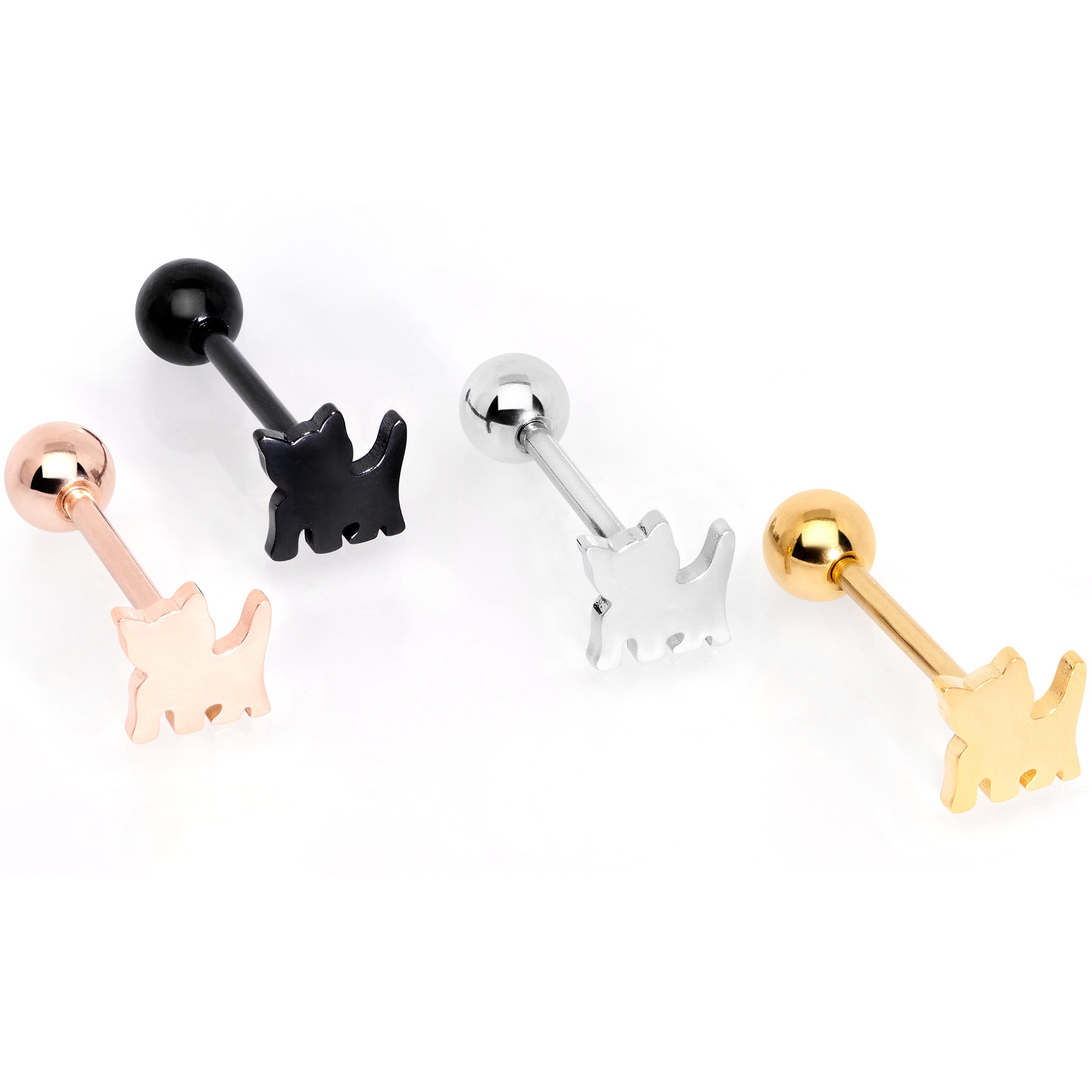Multicolor Flat Top Kitty Cat Barbell Tongue Ring Set of 4