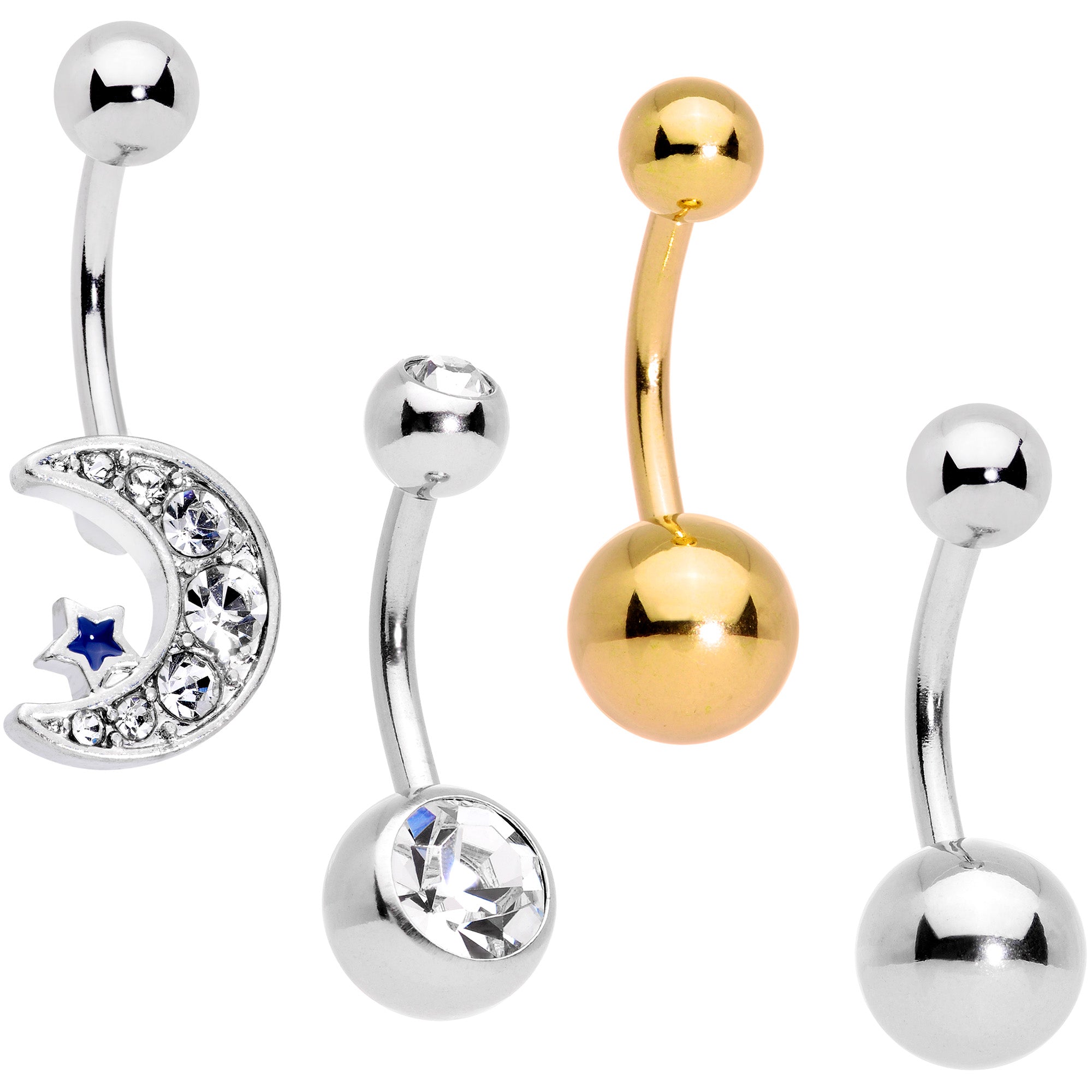 Clear CZ Gem Gold Tone Moon Belly Ring Set of 4