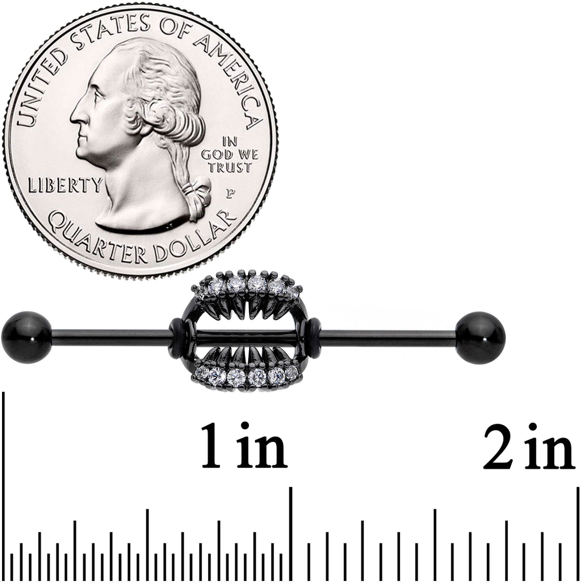14G Clear CZ Gem Black Monster Fangs Industrial Barbell 38mm