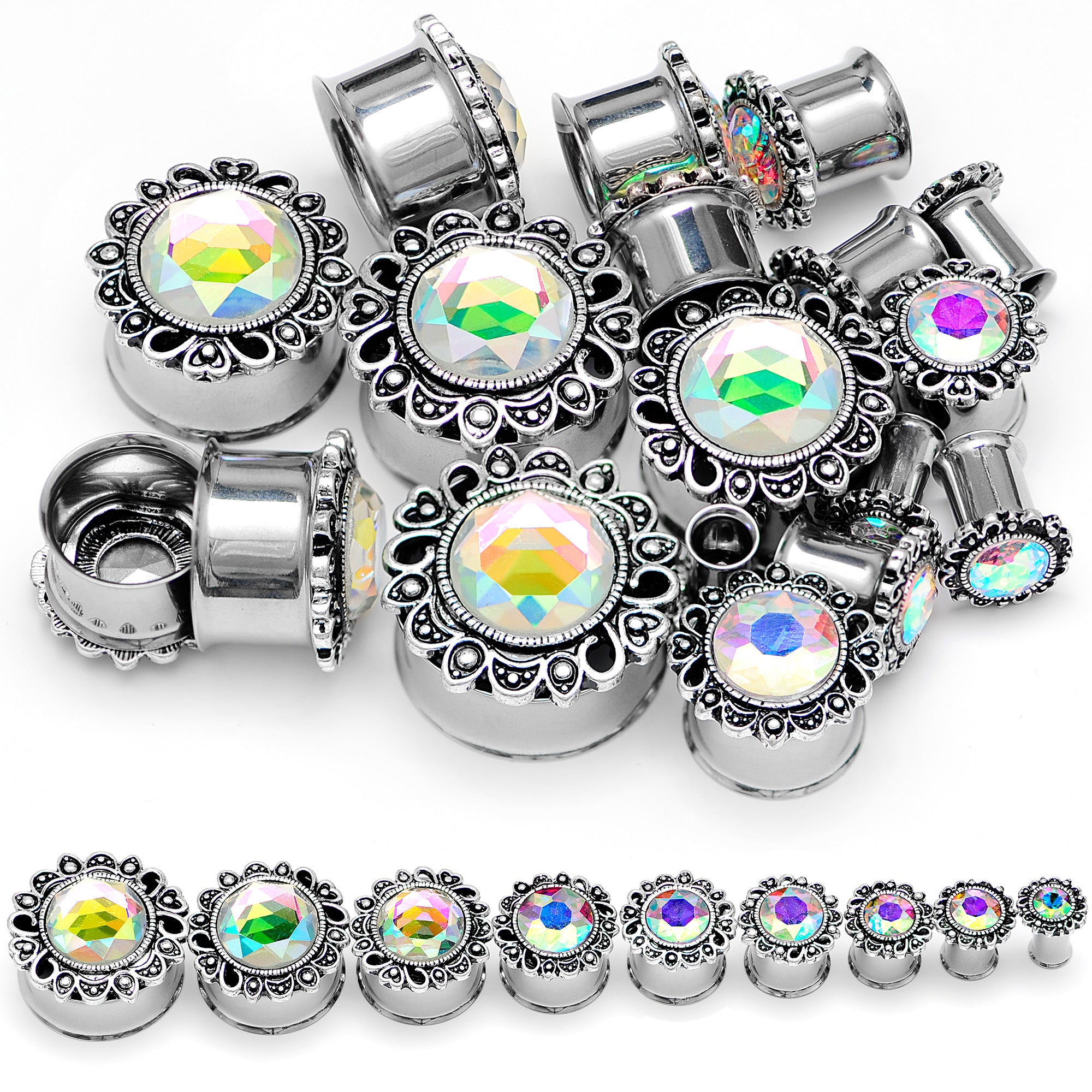 Aurora Gem Filigree Flower Double Flare Plug Set 2G to 1 Inch