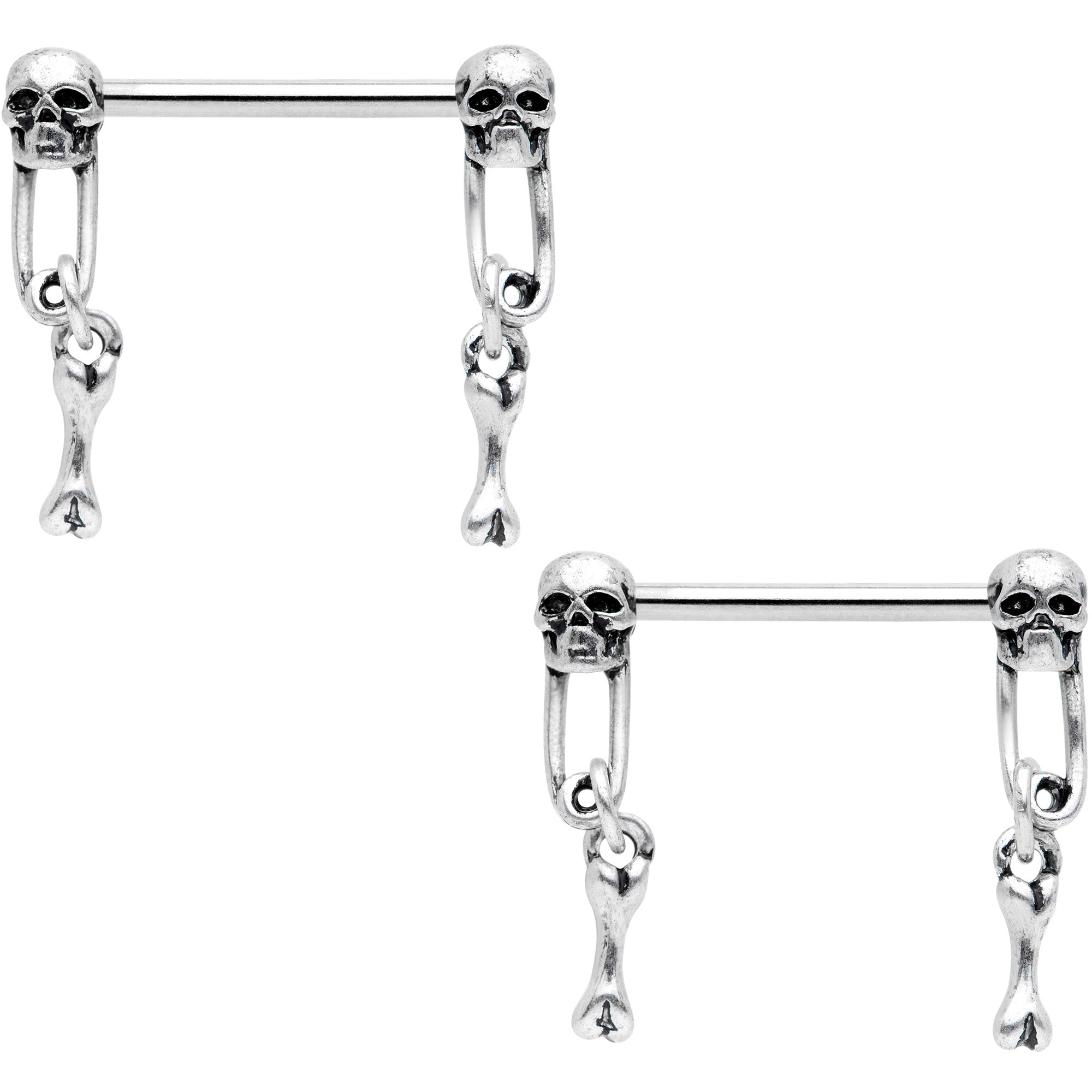 14G 9/16 Skull Safety Pin Dangle Barbell Nipple Ring Set