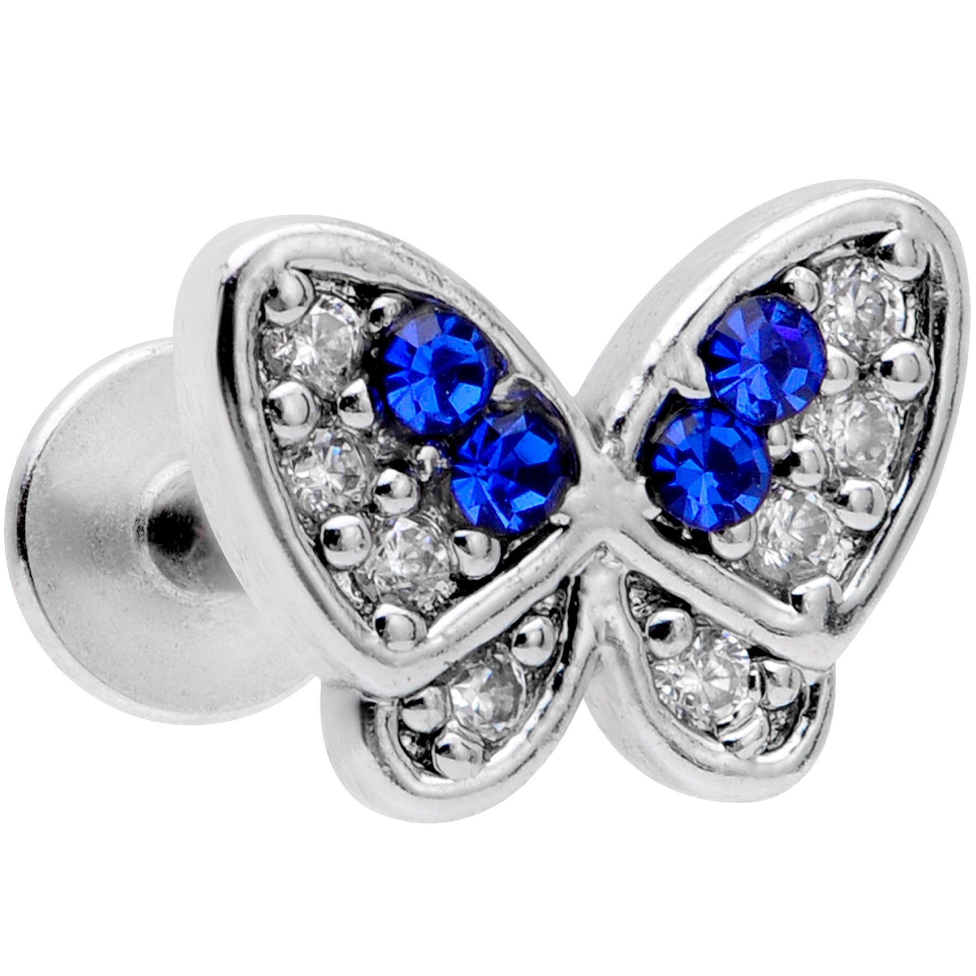 16G 5/16 Clear CZ Gem Blue Gem Butterfly Labret Monroe Tragus