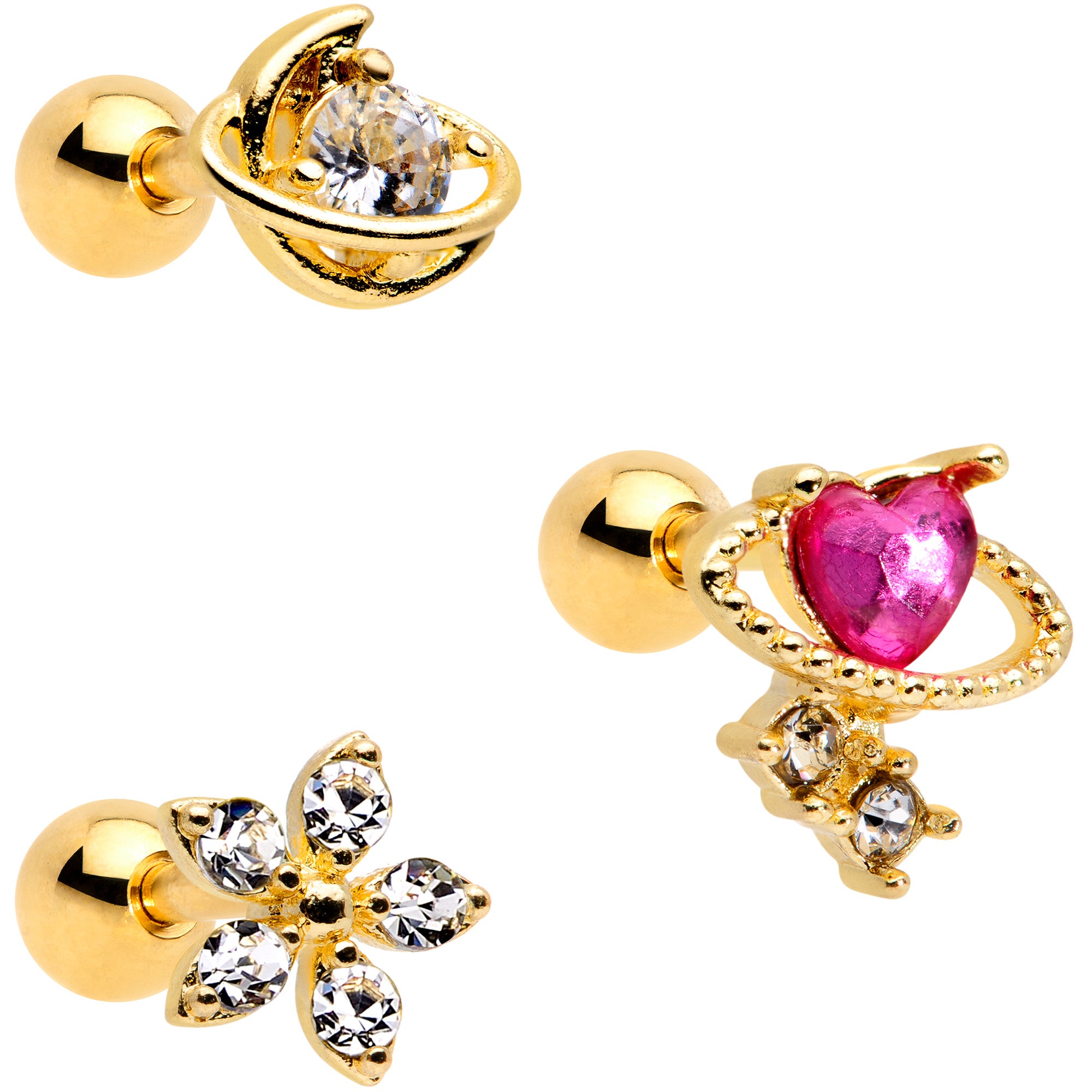 16G 1/4 Clear CZ Gem Gold Tone Moon Cartilage Tragus Set of 3