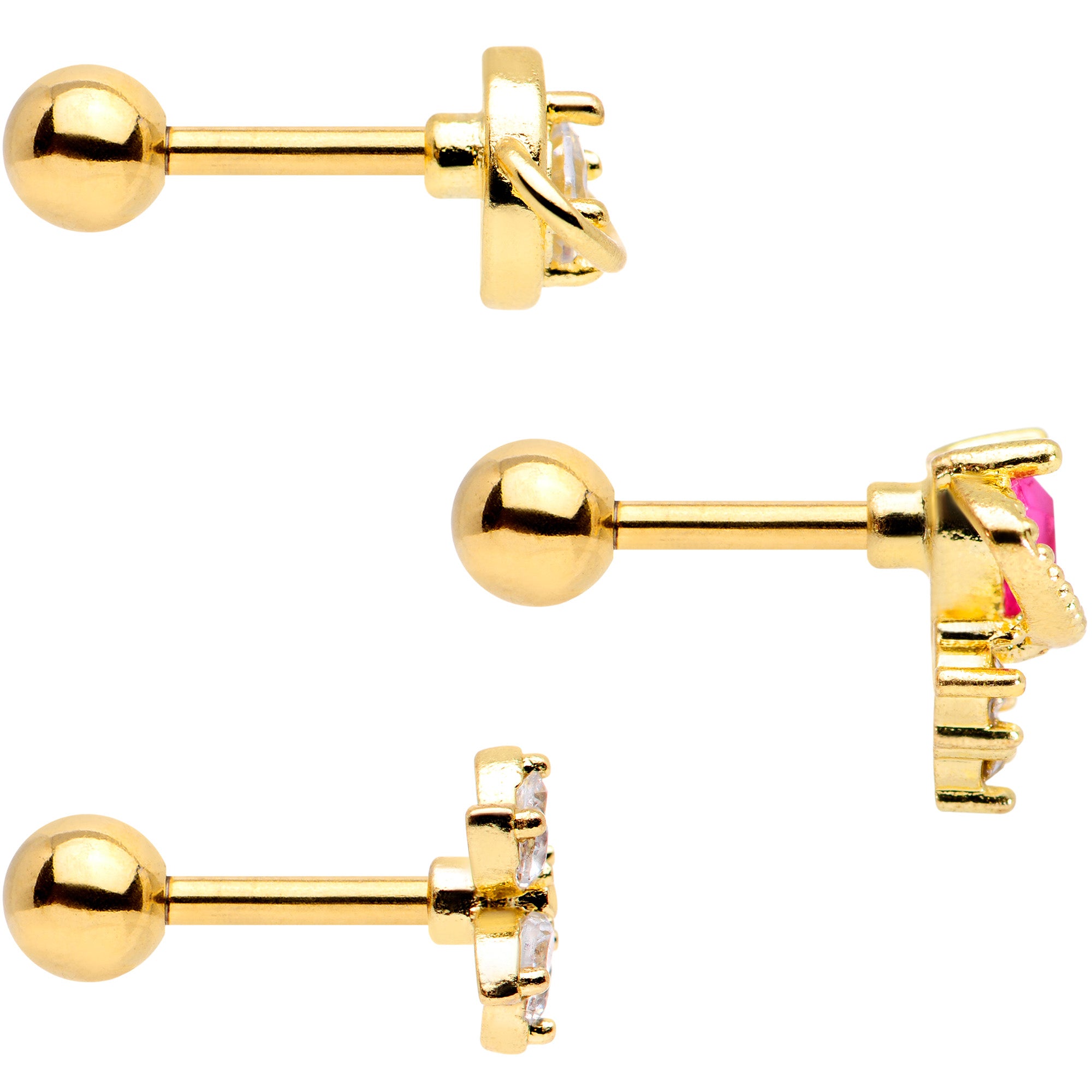 16G 1/4 Clear CZ Gem Gold Tone Moon Cartilage Tragus Set of 3