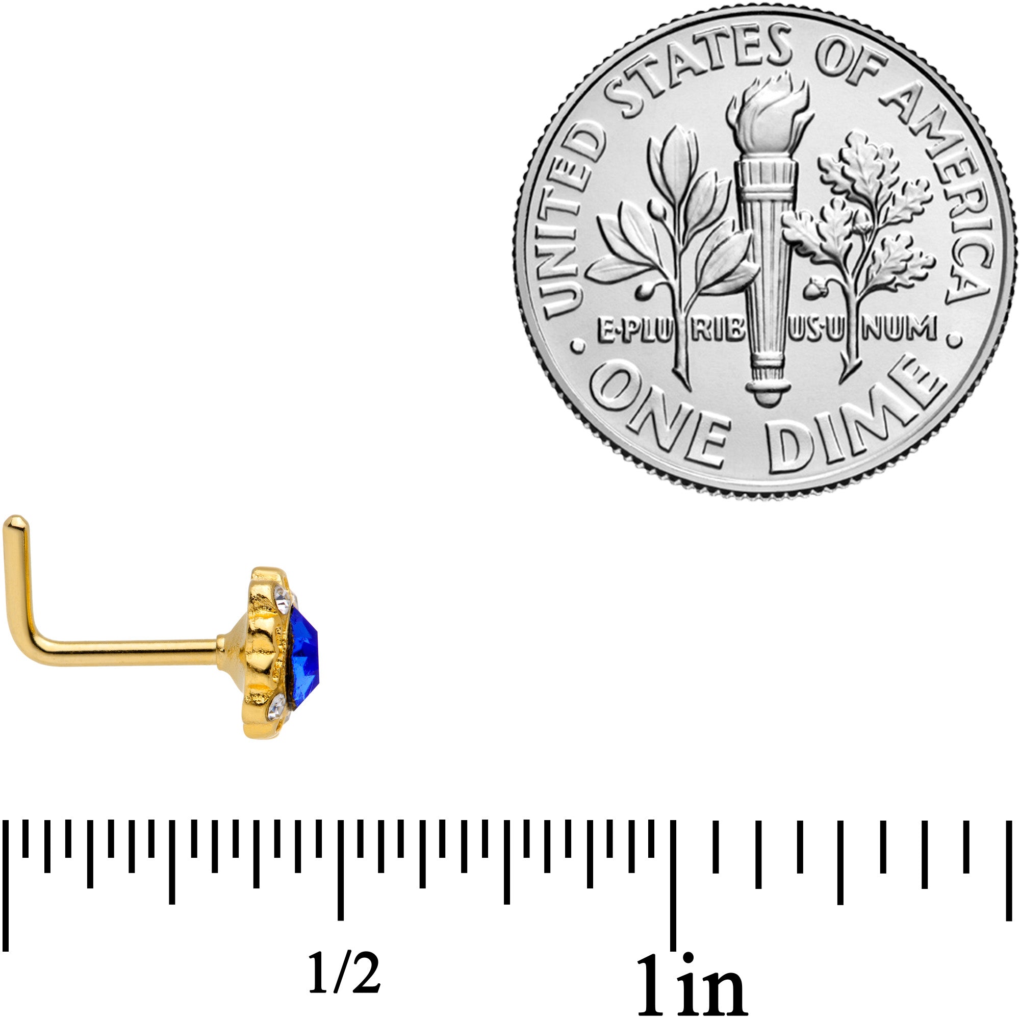 18G 5/16 Clear Blue Gem Gold Tone Regal L Shaped Nose Ring