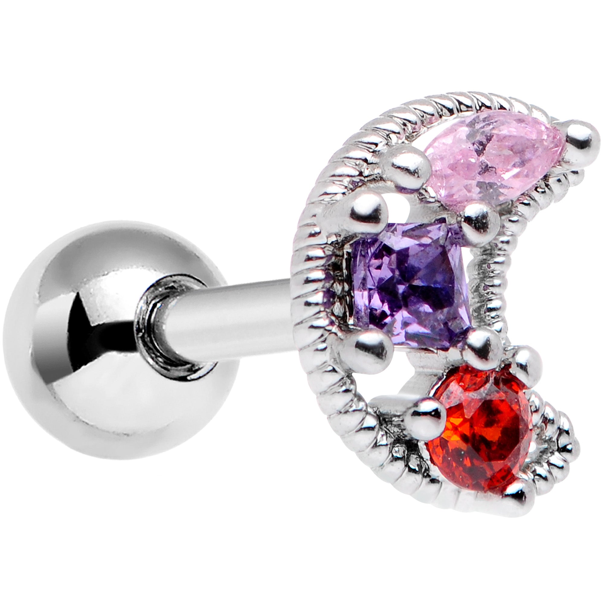 16G 1/4 Red Pink Blue CZ Gem Crescent Moon Cartilage Tragus Earring