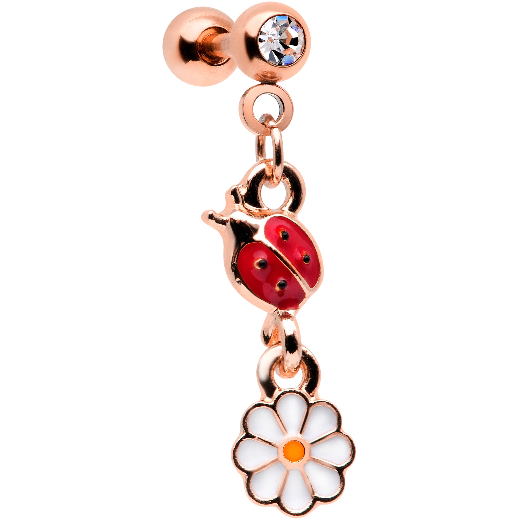 16G 1/4 Clear Gem Rose Gold Tone Ladybug Dangle Cartilage Tragus