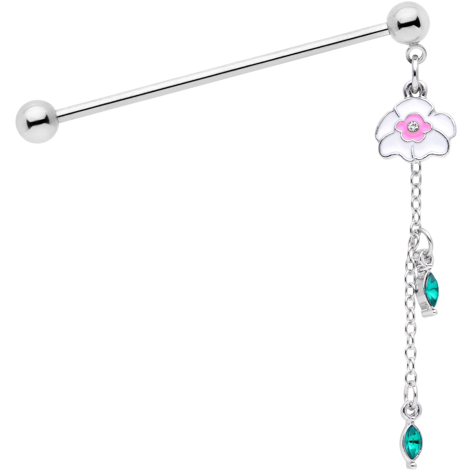 14G Clear Green Gem Flower Chain Dangle Industrial Barbell 38mm
