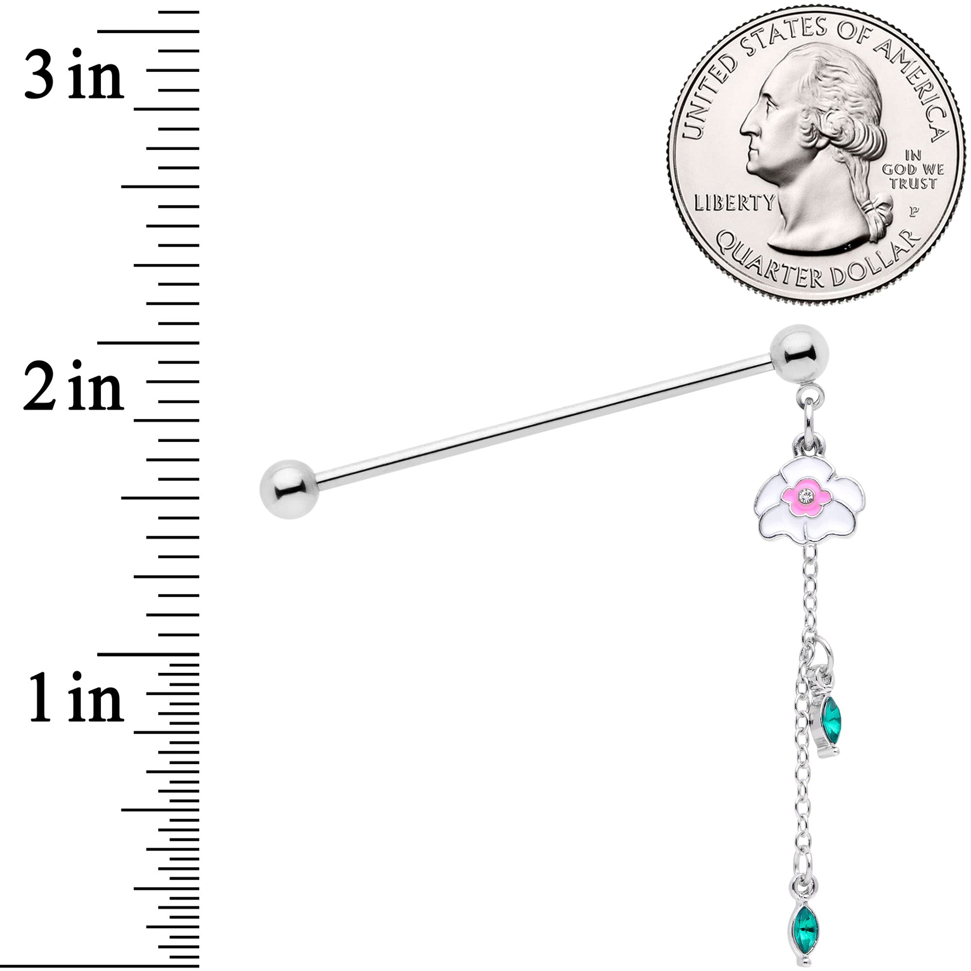 14G Clear Green Gem Flower Chain Dangle Industrial Barbell 38mm