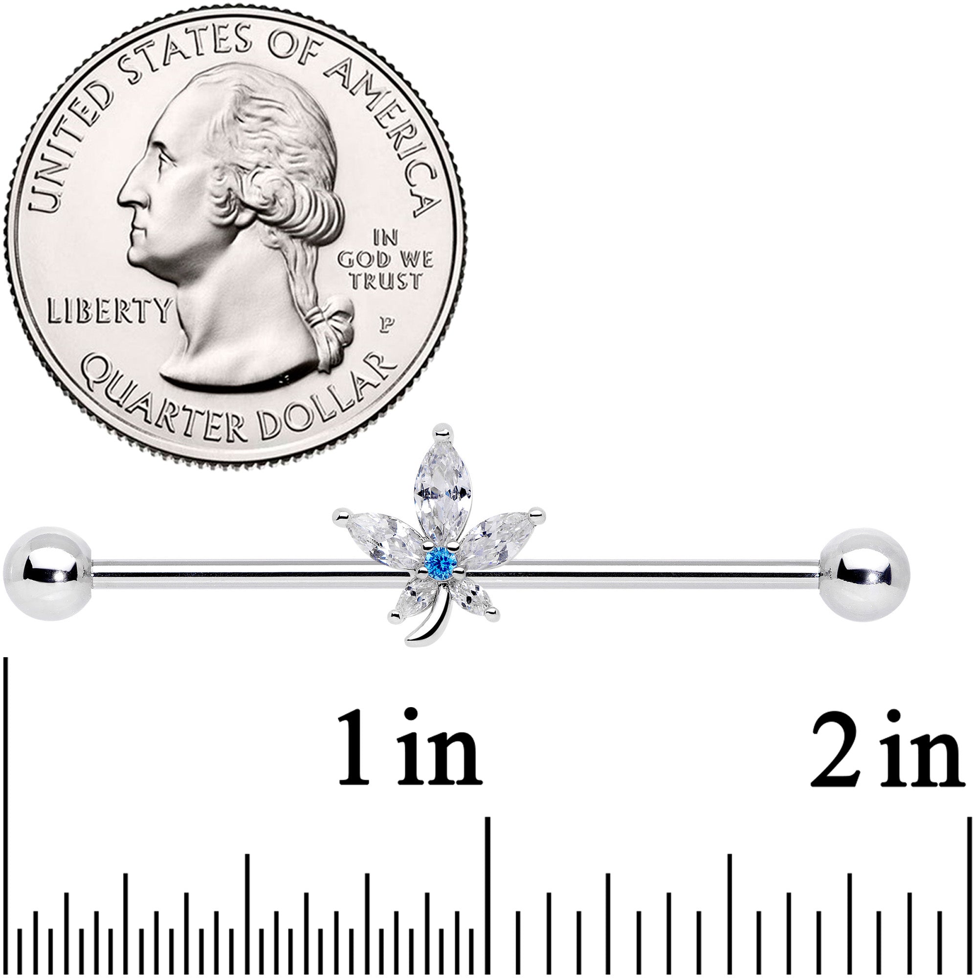 14G Clear Blue CZ Gem Marijuana Leaf Industrial Barbell 38mm