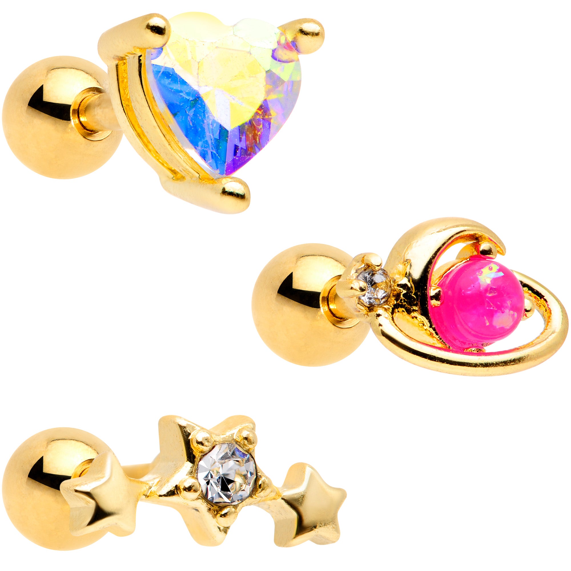 16G 1/4 Pink Faux Opal Gold Tone Heart Cartilage Tragus Set of 3