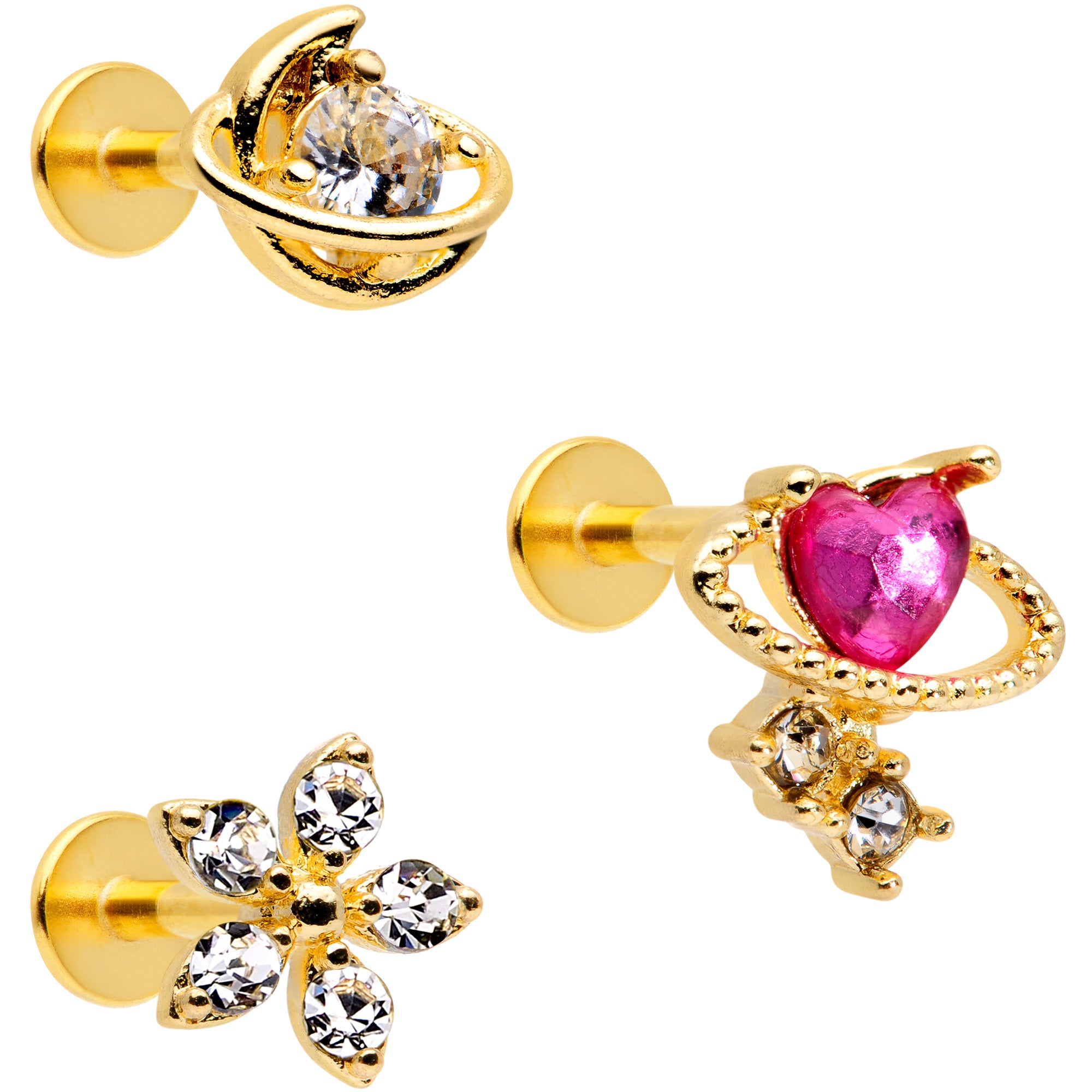 16G 5/16 Clear CZ Gem Gold Tone Moon Labret Tragus Set of 3