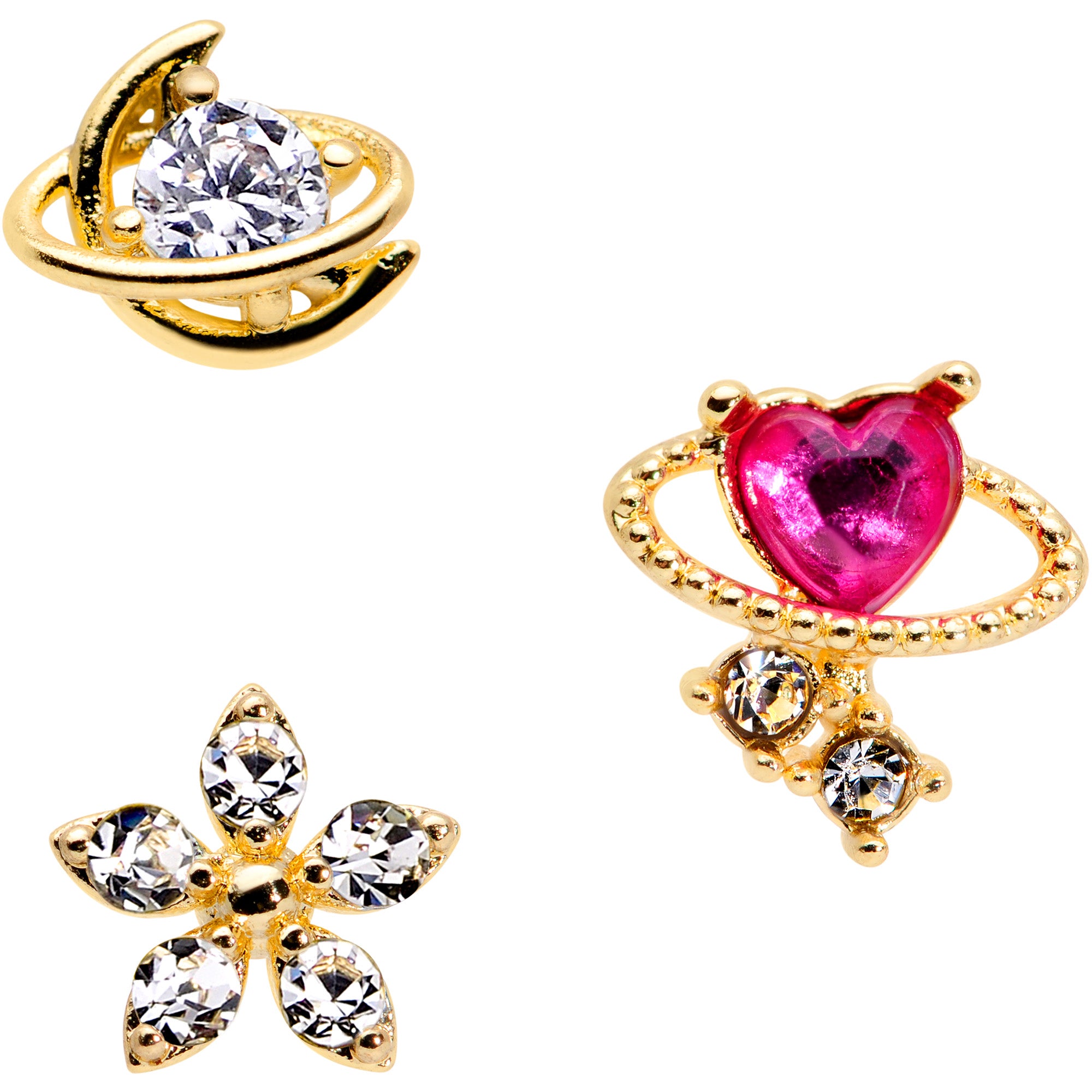 16G 5/16 Clear CZ Gem Gold Tone Moon Labret Tragus Set of 3