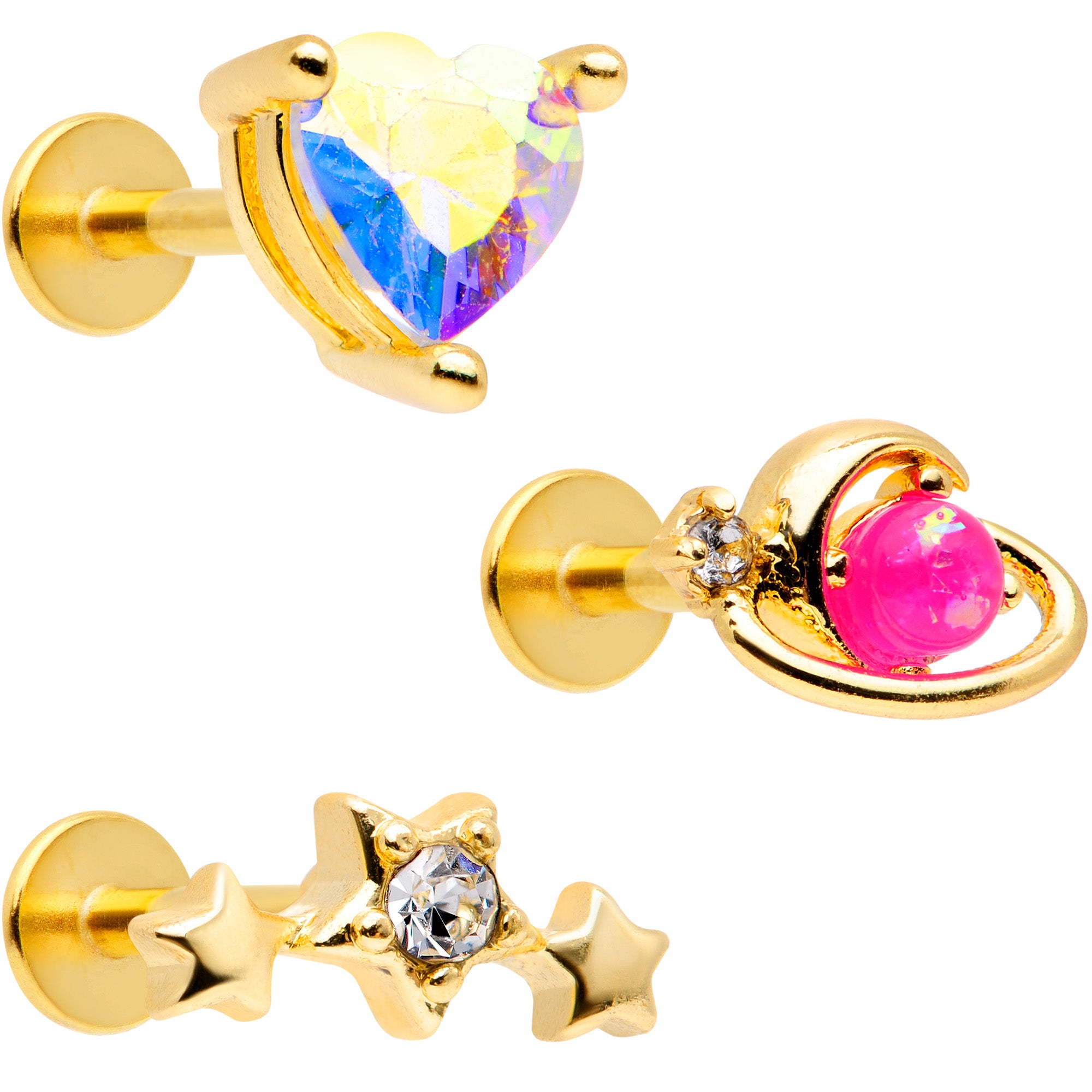16G 5/16 Pink Faux Opal Gold Tone Heart Labret Tragus Set of 3