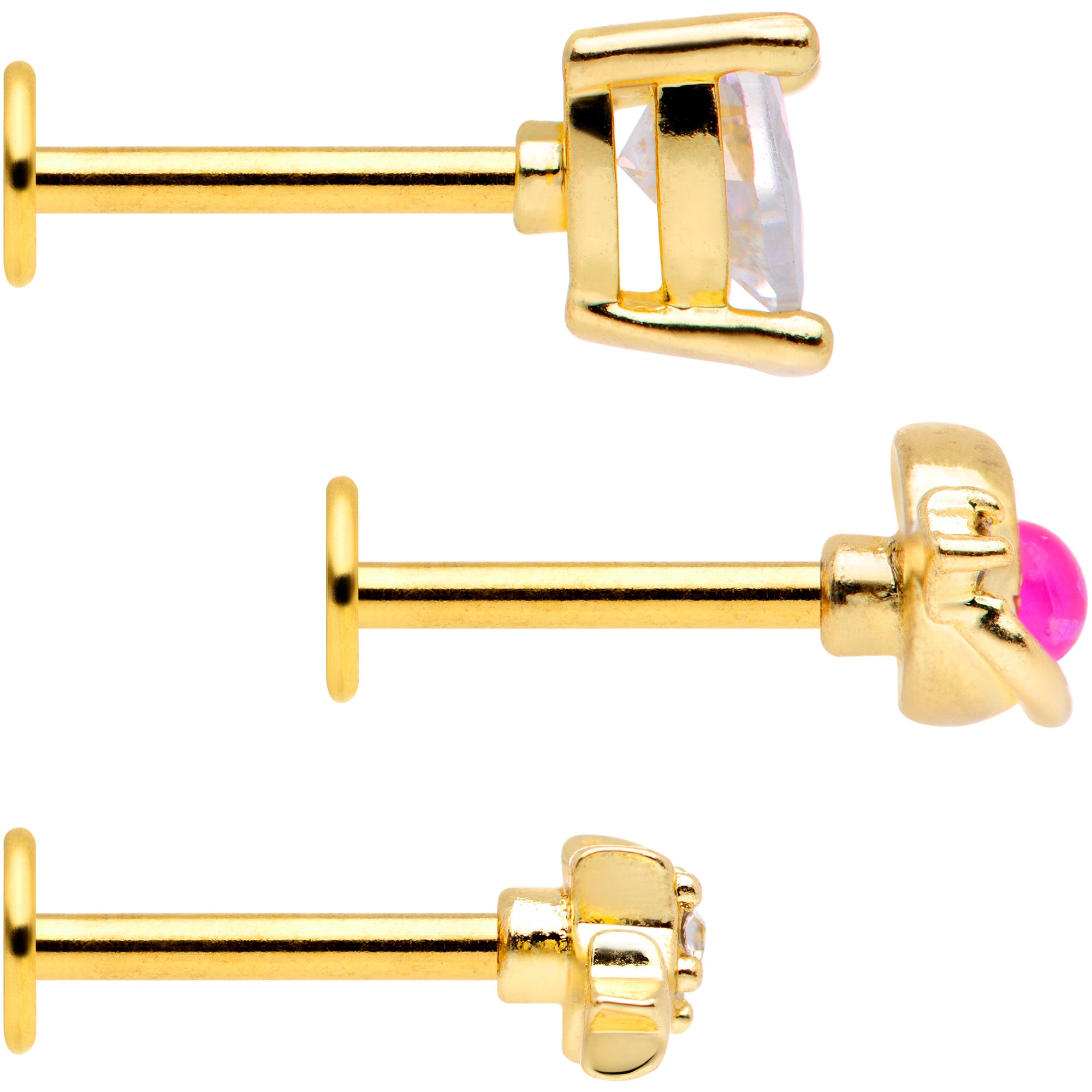 16G 5/16 Pink Faux Opal Gold Tone Heart Labret Tragus Set of 3