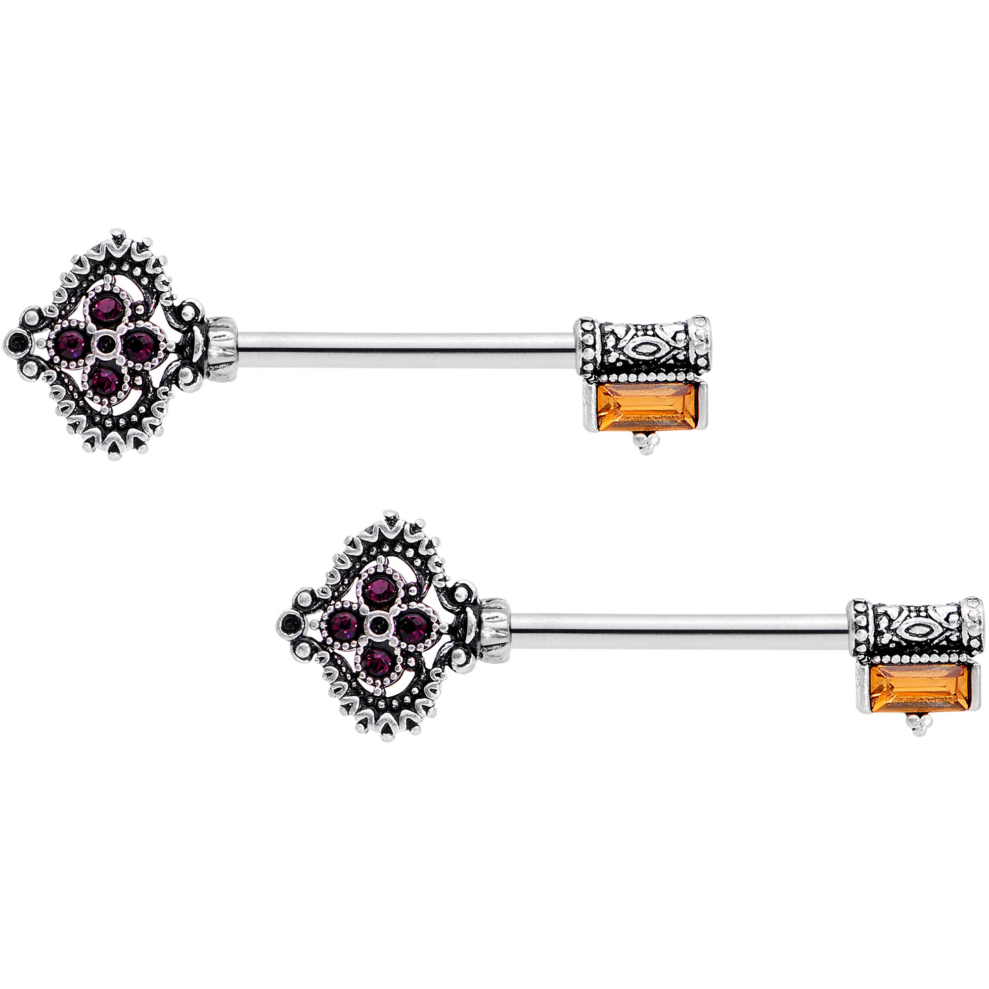 14G 9/16 Red Brown Gem Kings Key Barbell Nipple Ring Set