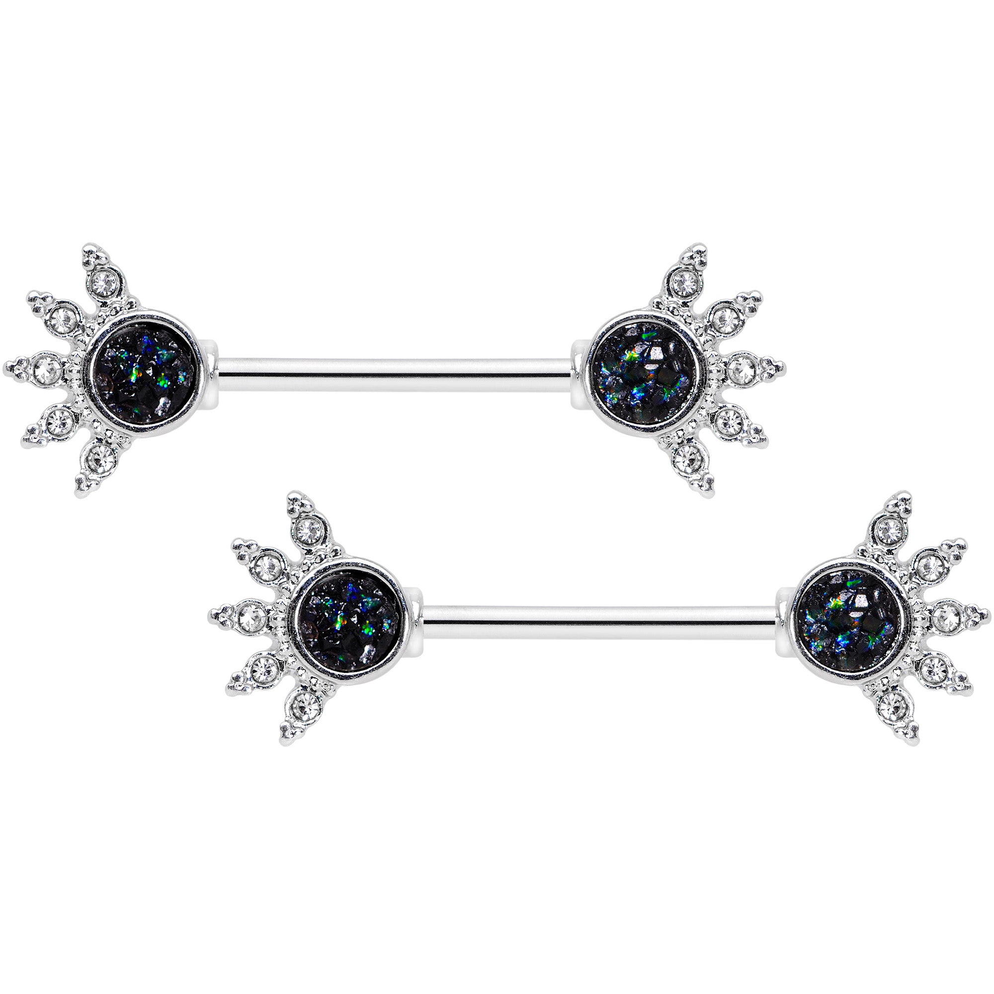 14G 9/16 Clear Gem Blue Faux Druzy Crest Barbell Nipple Ring Set