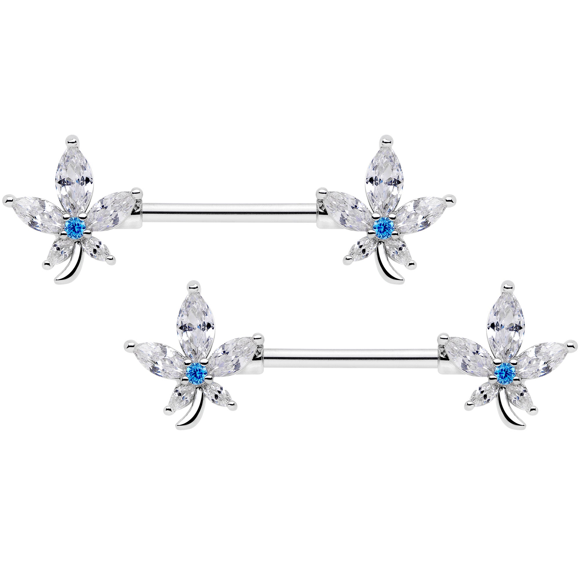 14G 9/16 Clear Blue CZ Gem Marijuana Leaf Barbell Nipple Ring Set