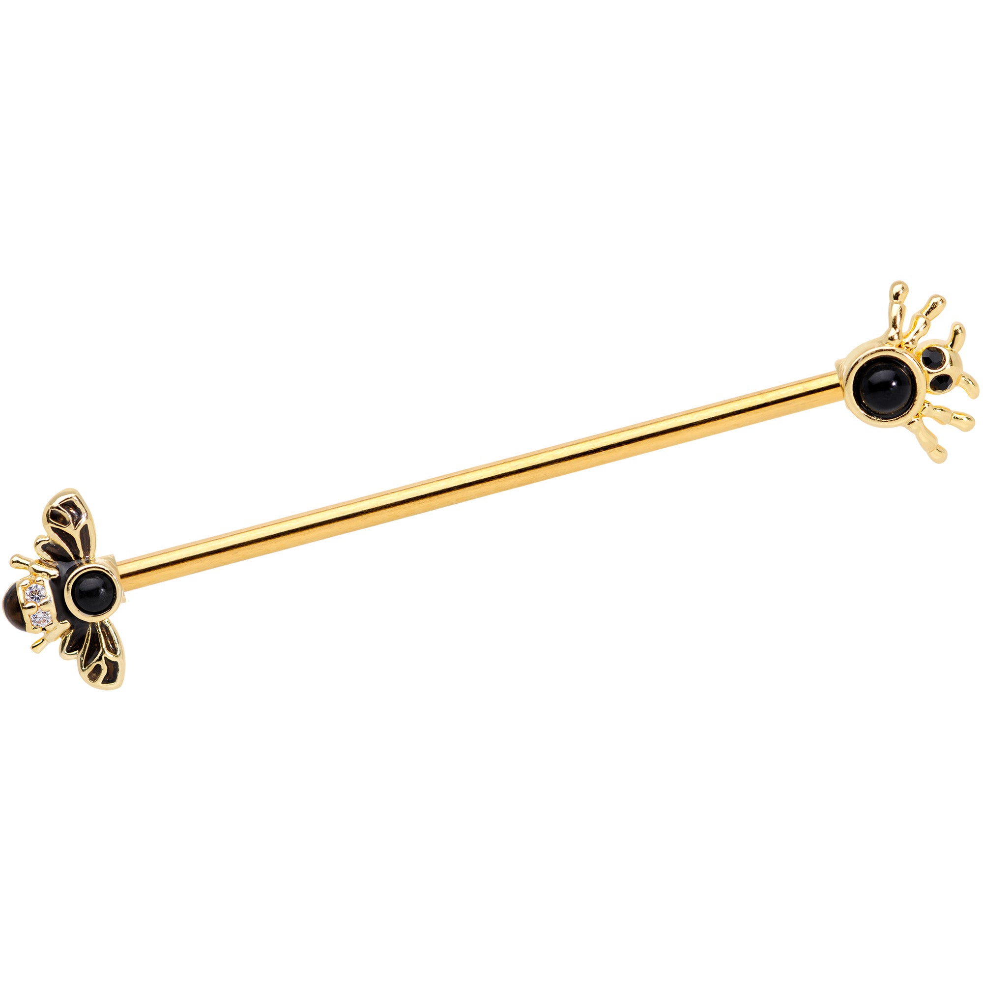 14G Clear Black Gem Gold Tone Bug Out Bee Insect Industrial Barbell 38mm