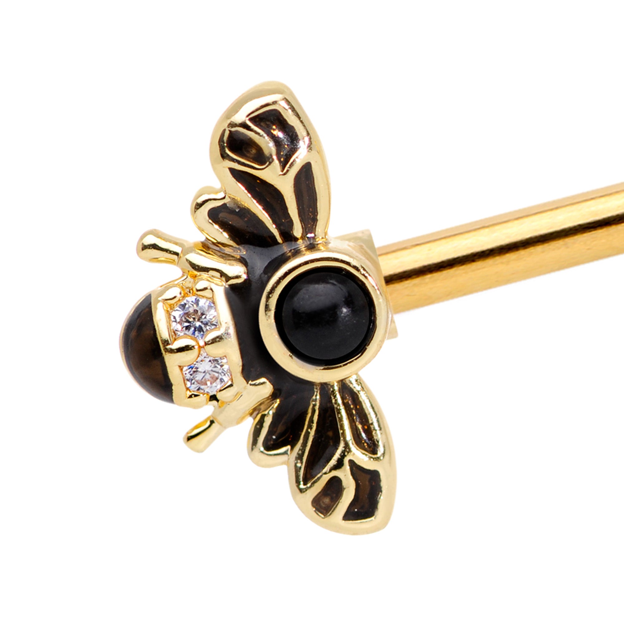 14G Clear Black Gem Gold Tone Bug Out Bee Insect Industrial Barbell 38mm