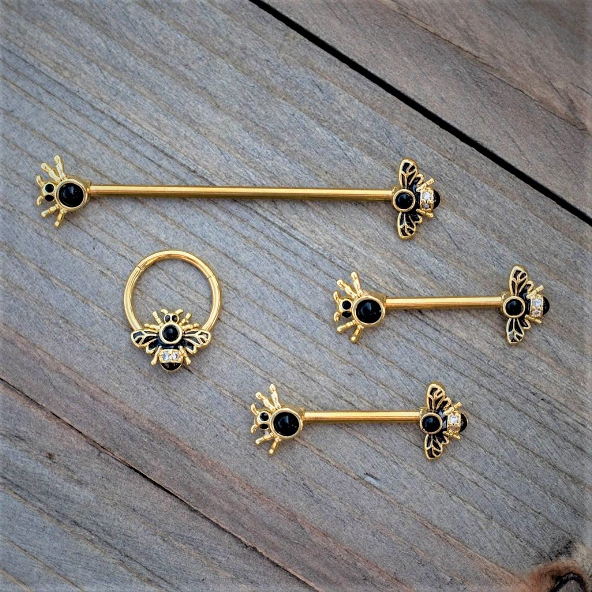 14G 9/16 Black Gem Gold Tone Bee Spider Barbell Nipple Ring Set