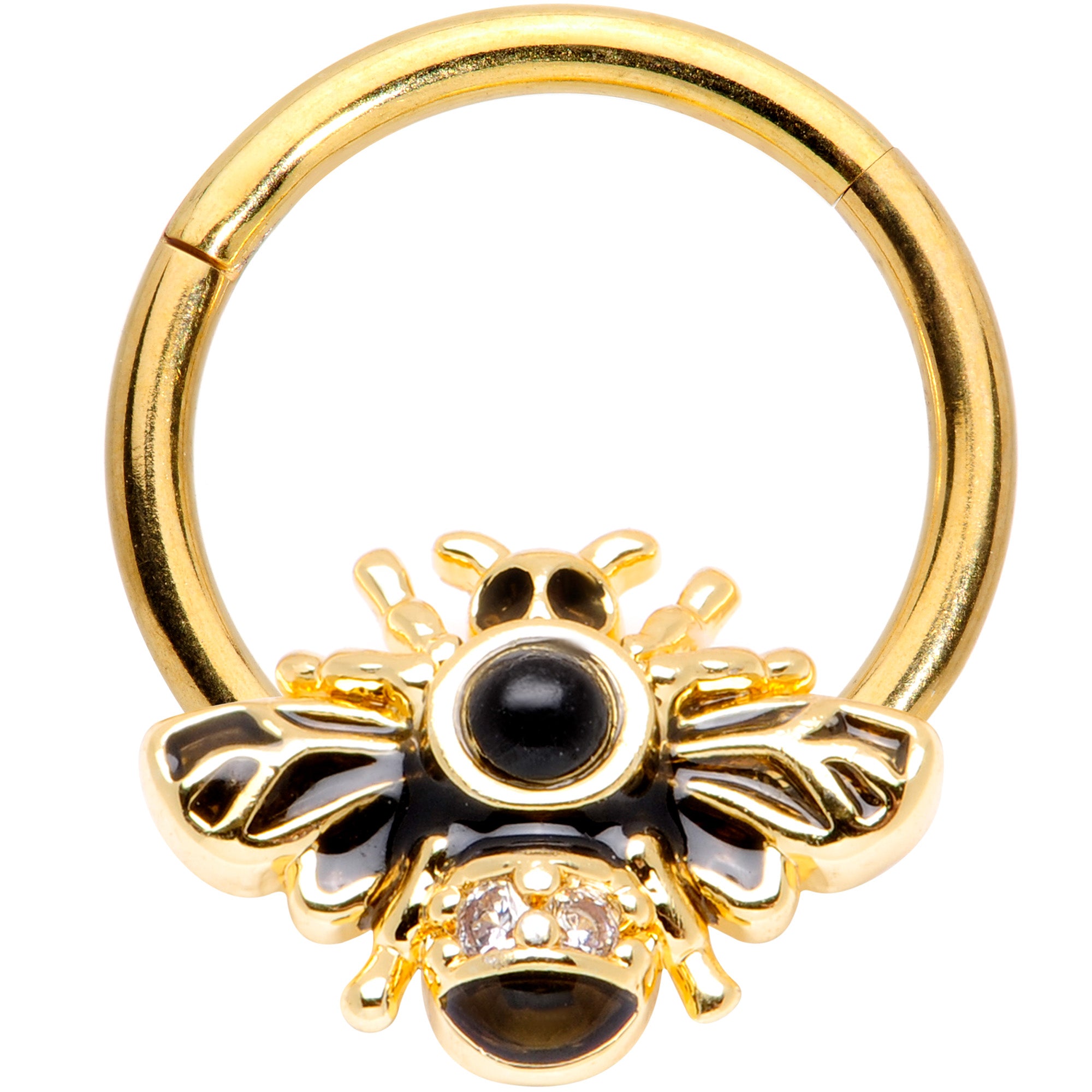 16G 3/8 Clear Gem Gold Tone Insect Bee Hinged Segment Ring