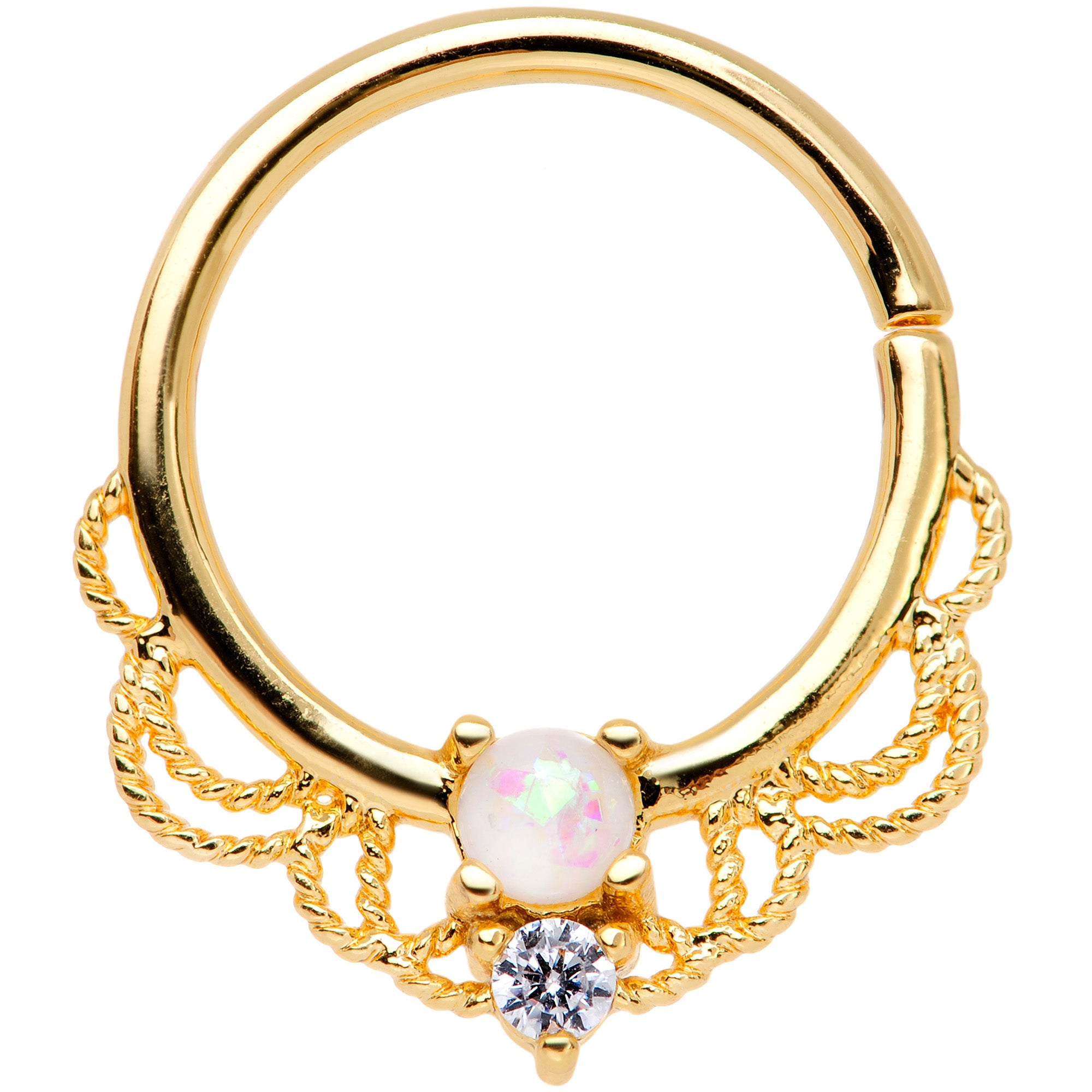 14G 9/16 White Faux Opal Gold Tone Lacy Nipple Clicker Set