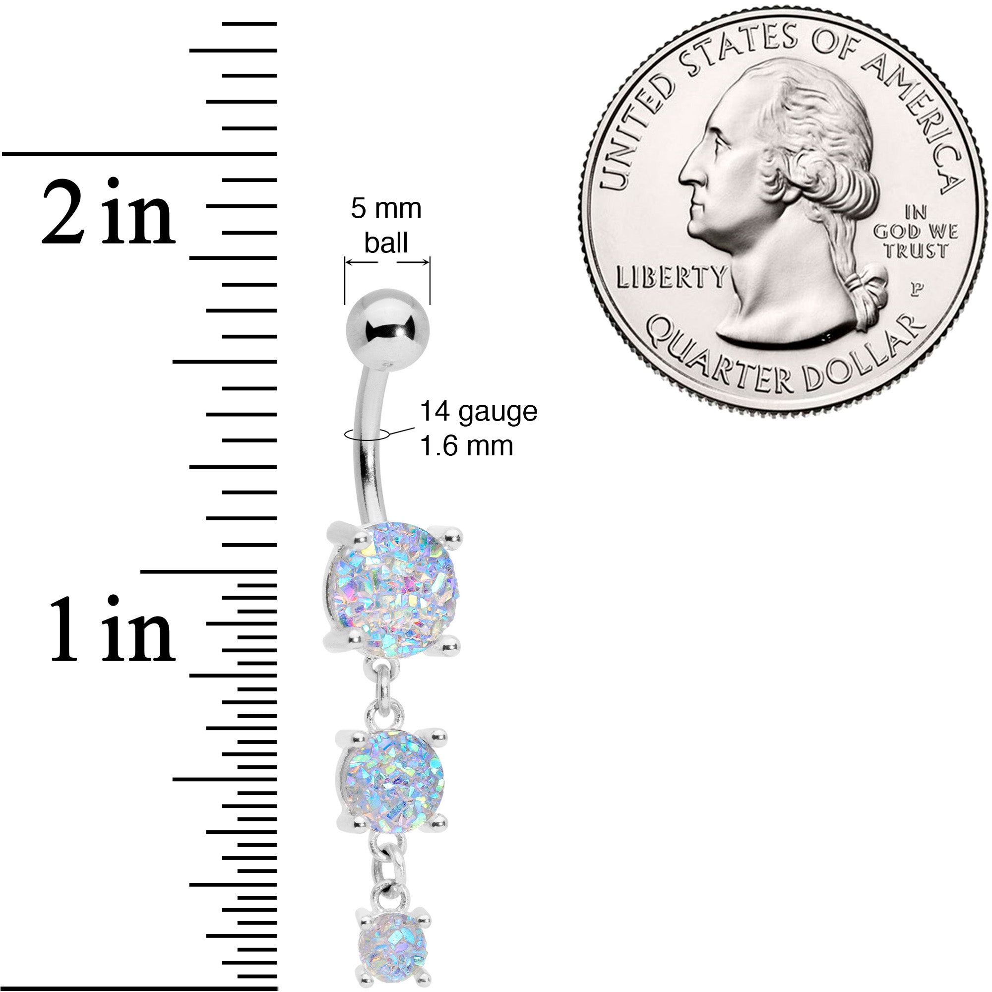 White Gem Triple Drop Dangle Belly Ring