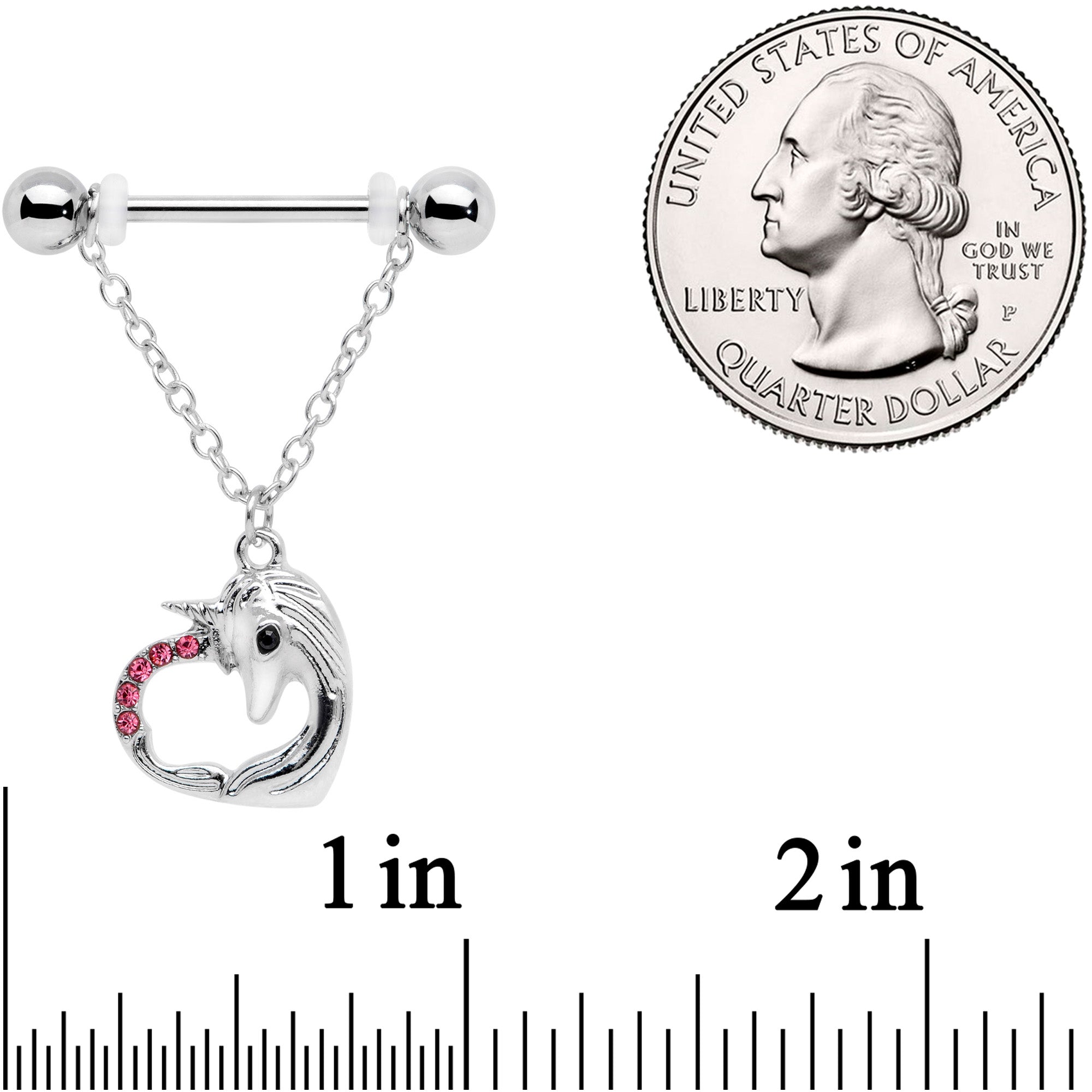 14G 5/8 Pink Gem Unicorn Heart Dangle Barbell Nipple Ring Set