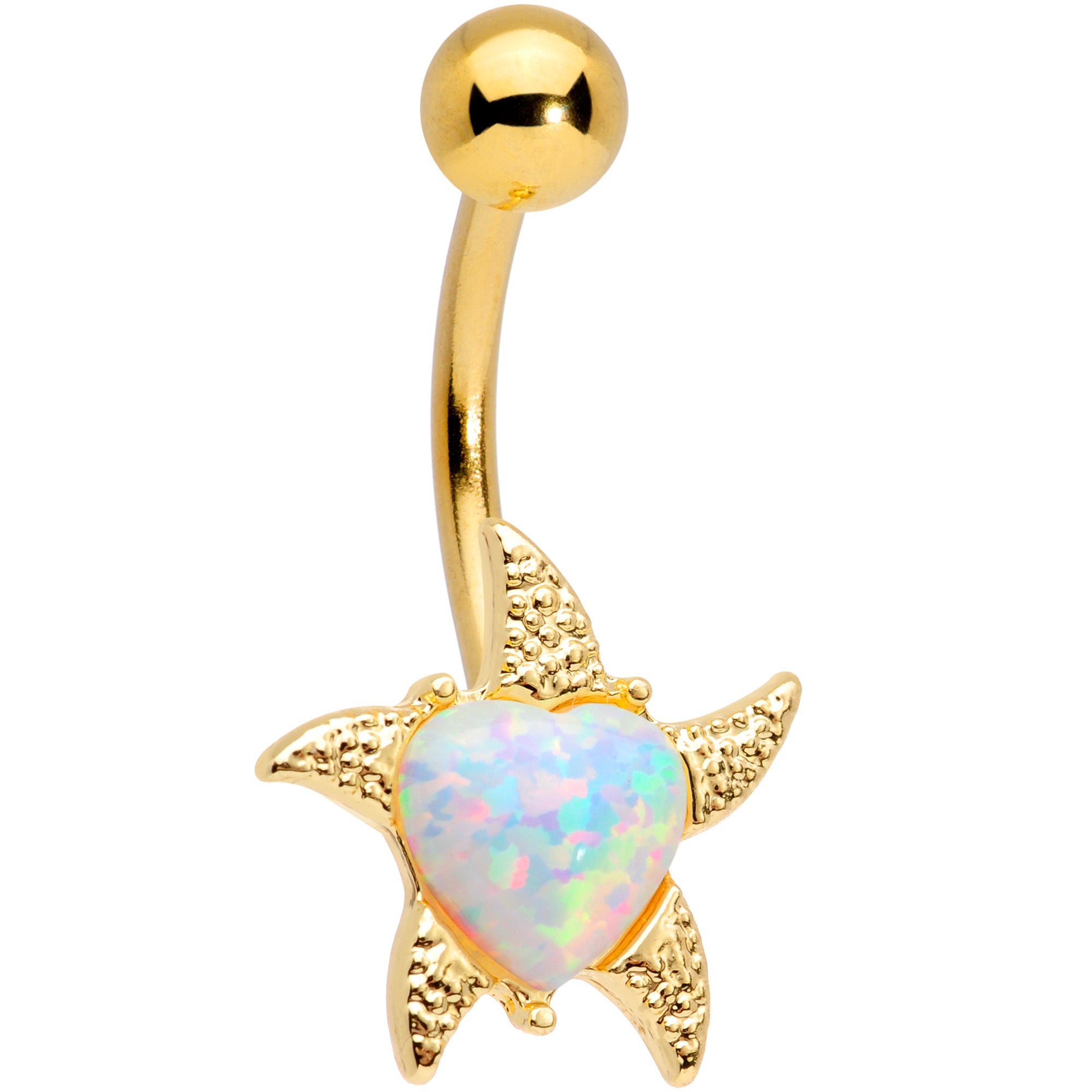 White Synthetic Opal Gold Tone Heart Starfish Nautical Belly Ring