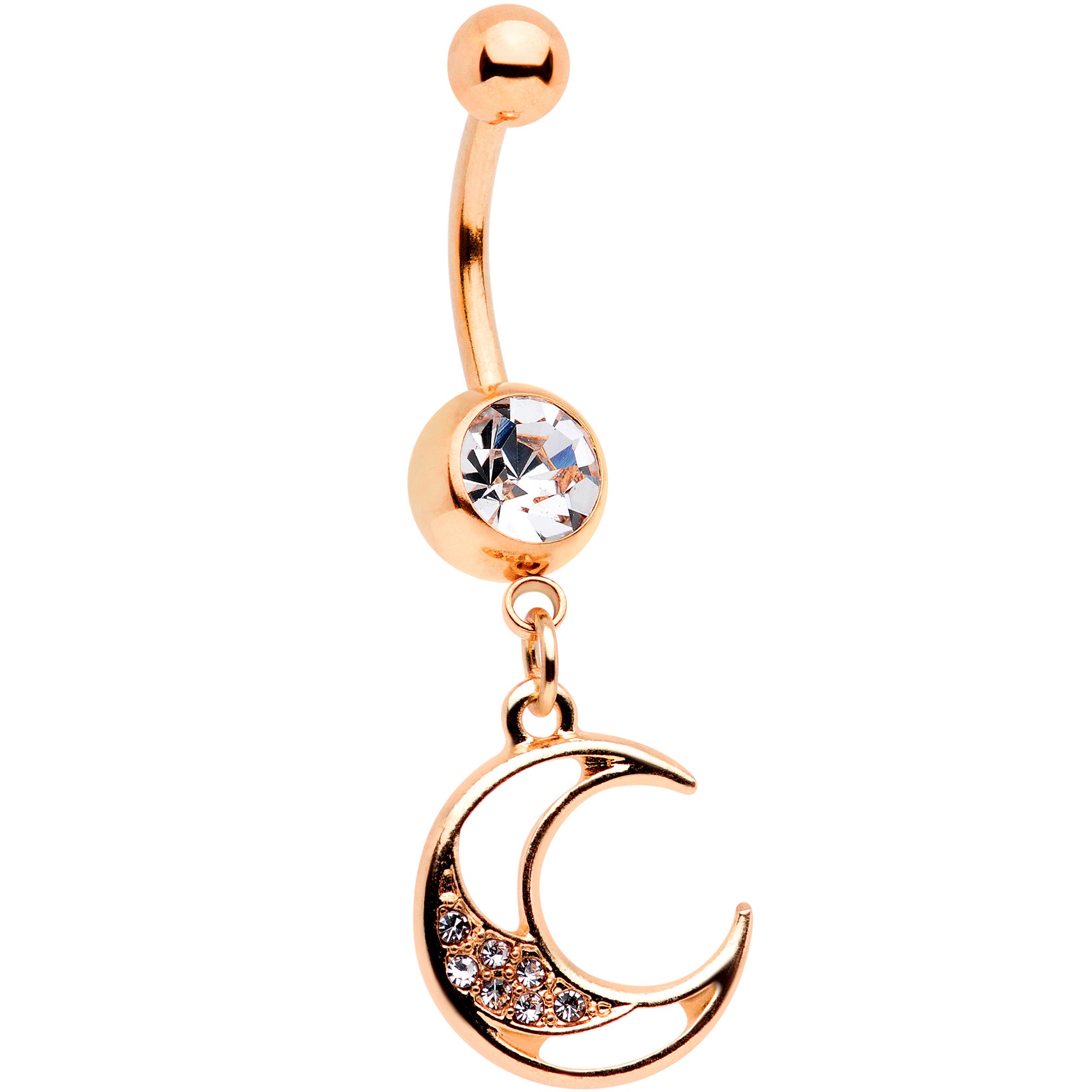 Clear Gem Rose Gold Tone Magic Moon Star Dangle Belly Ring Set of 2