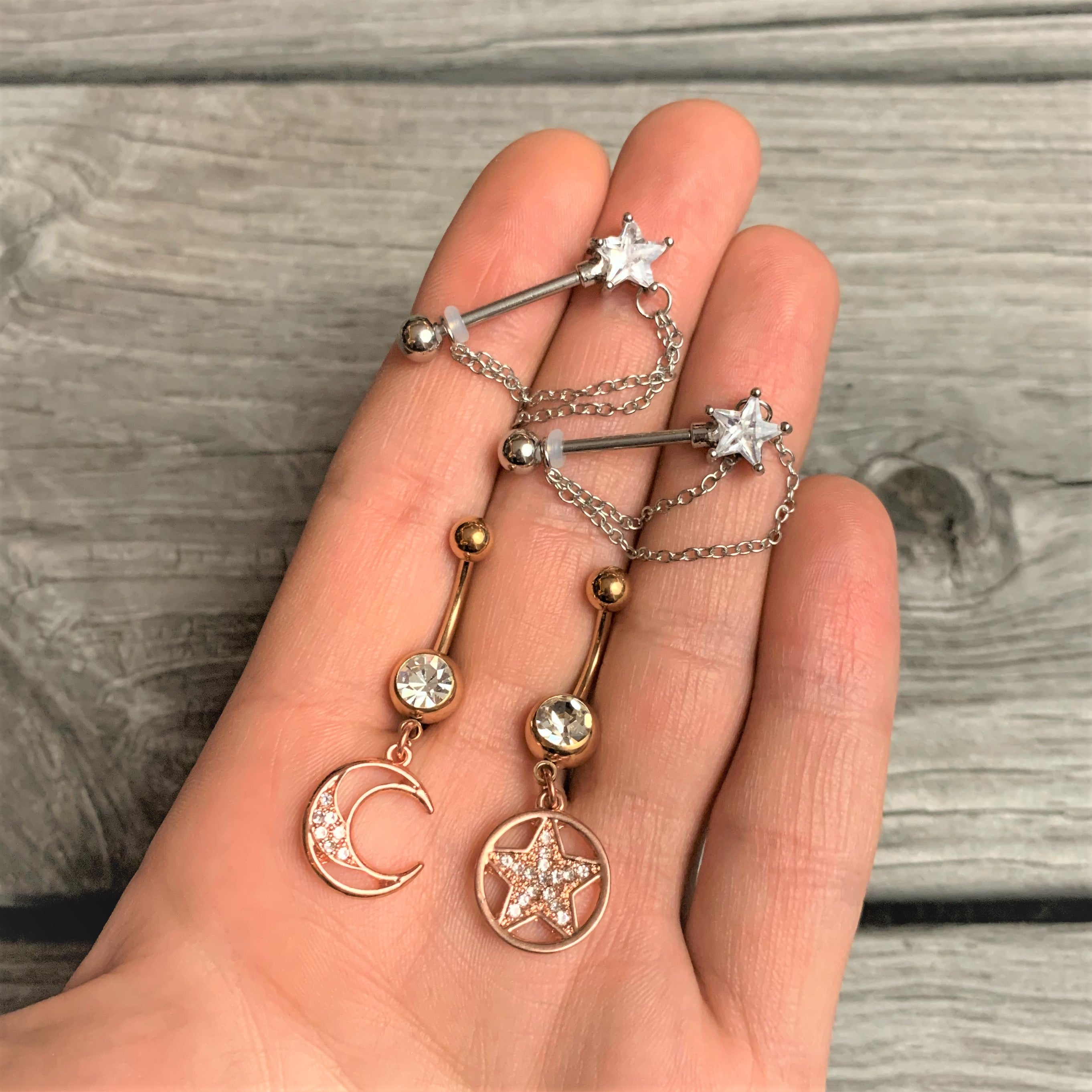 Clear Gem Rose Gold Tone Magic Moon Star Dangle Belly Ring Set of 2
