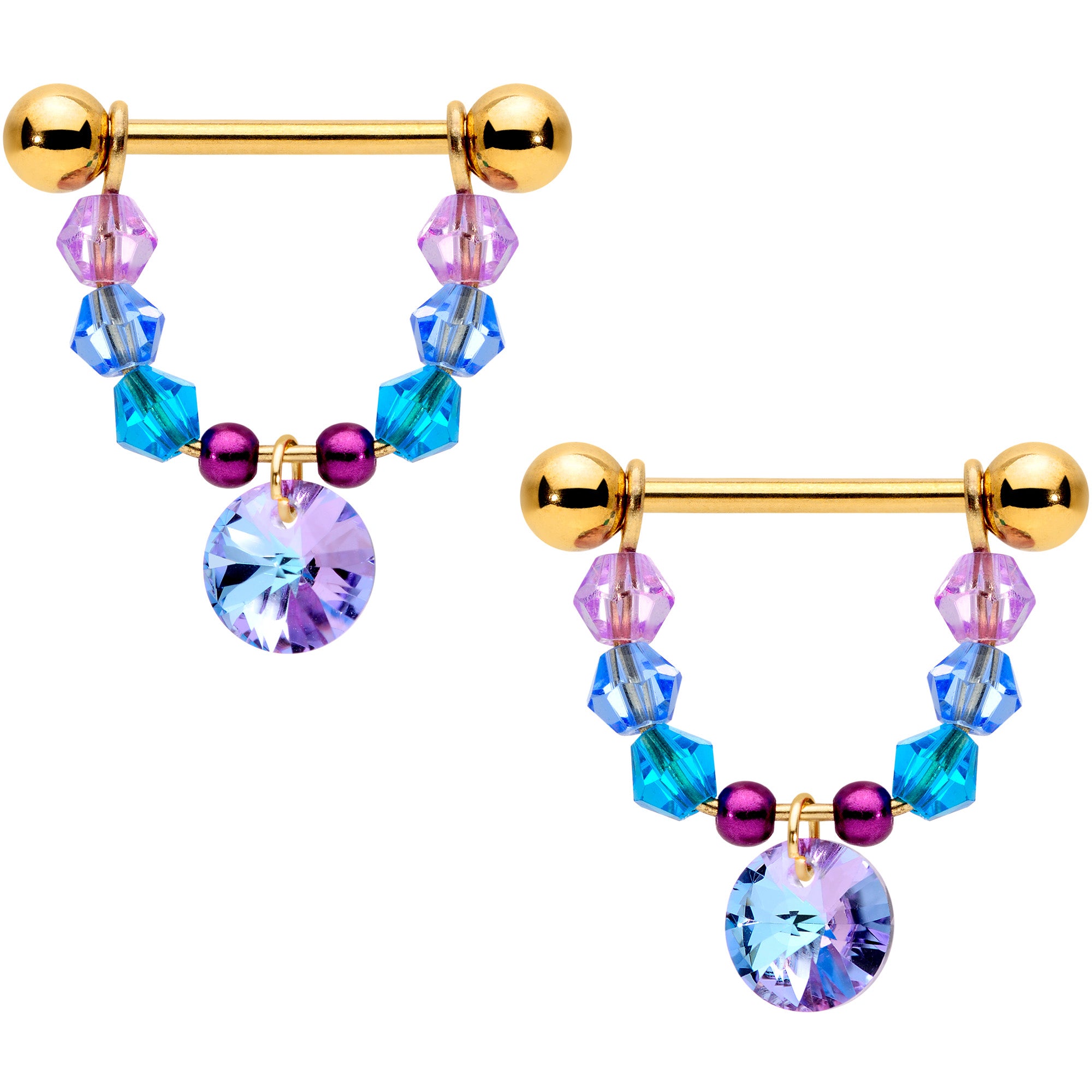 14G 5/8 Blue Purple Gem Gold Tone Disc Nipple Ring Set
