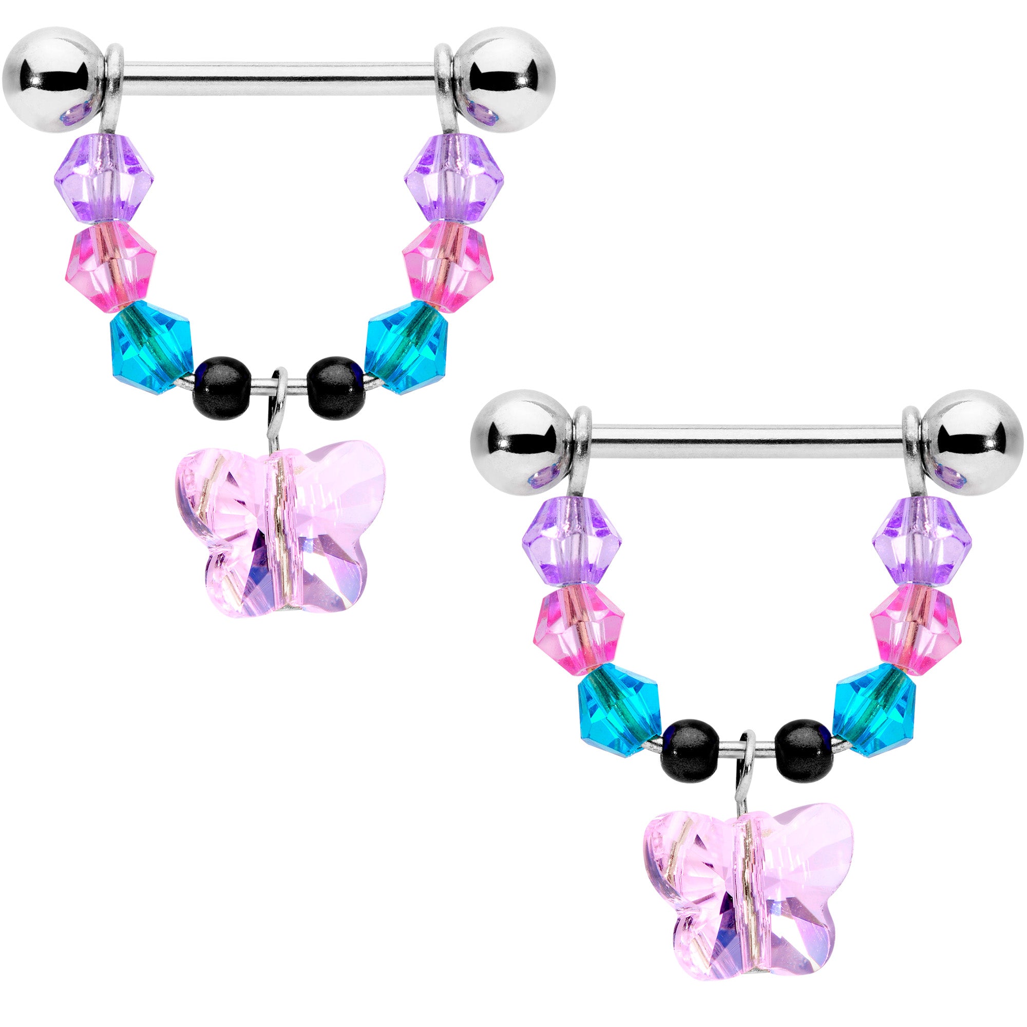 14G 5/8 Pink Blue Purple Gem Butterfly Dangle Barbell Nipple Ring Set