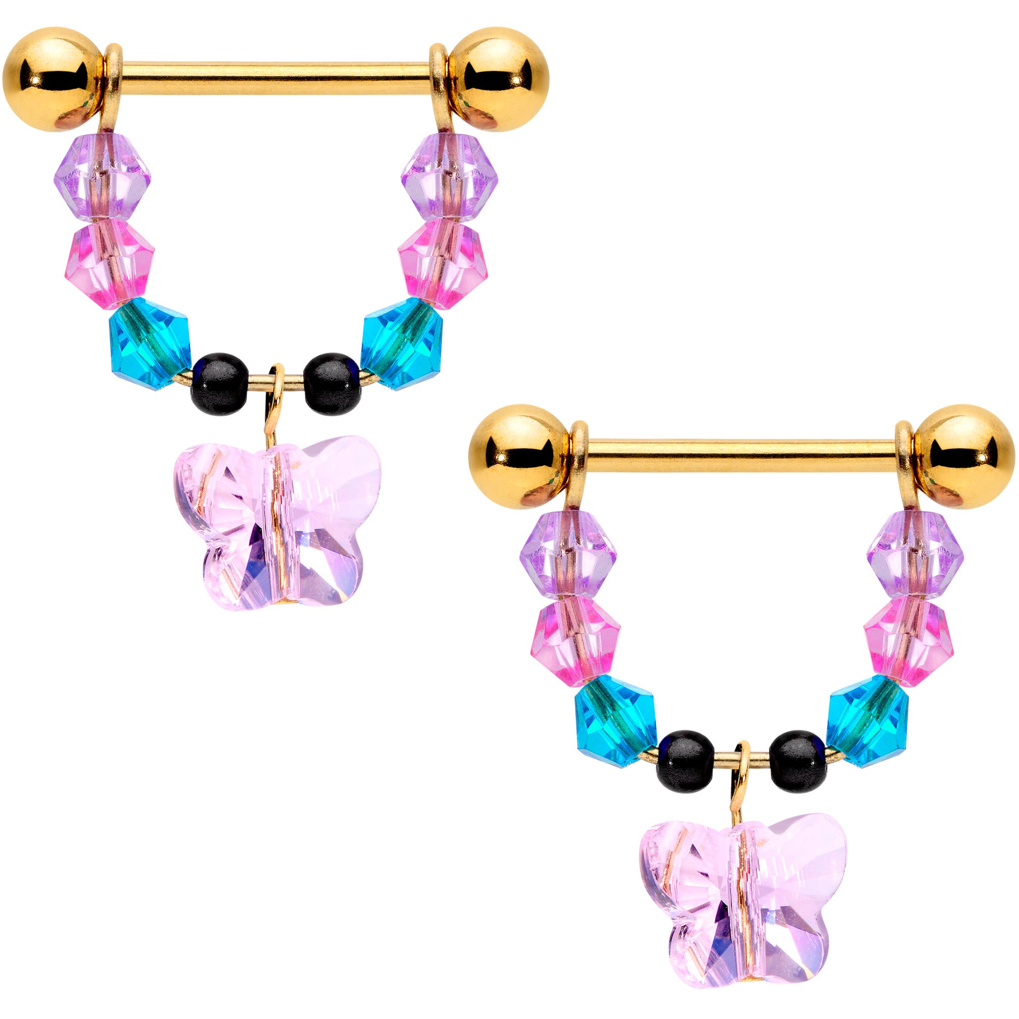 14G 5/8 Pink Blue Gem Gold Tone Butterfly Dangle Barbell Nipple Ring Set